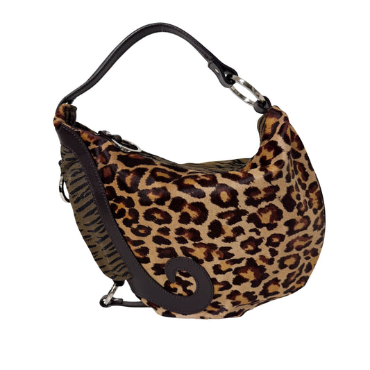 Tobacco Borsa Biga Media Hobo Bag in Leopard Print Calf Hair