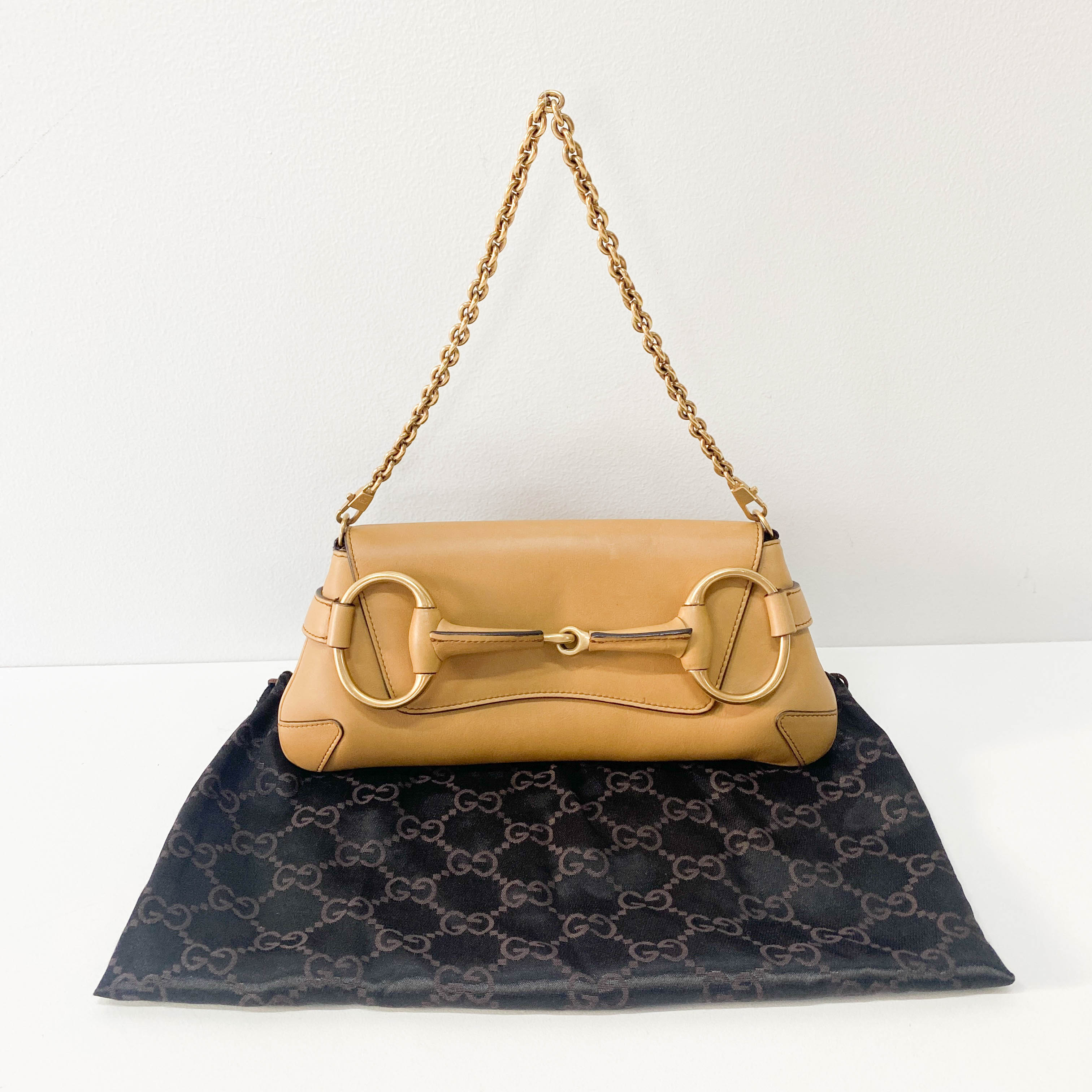 Horsebit Brown Leather Chain Shoulder Bag