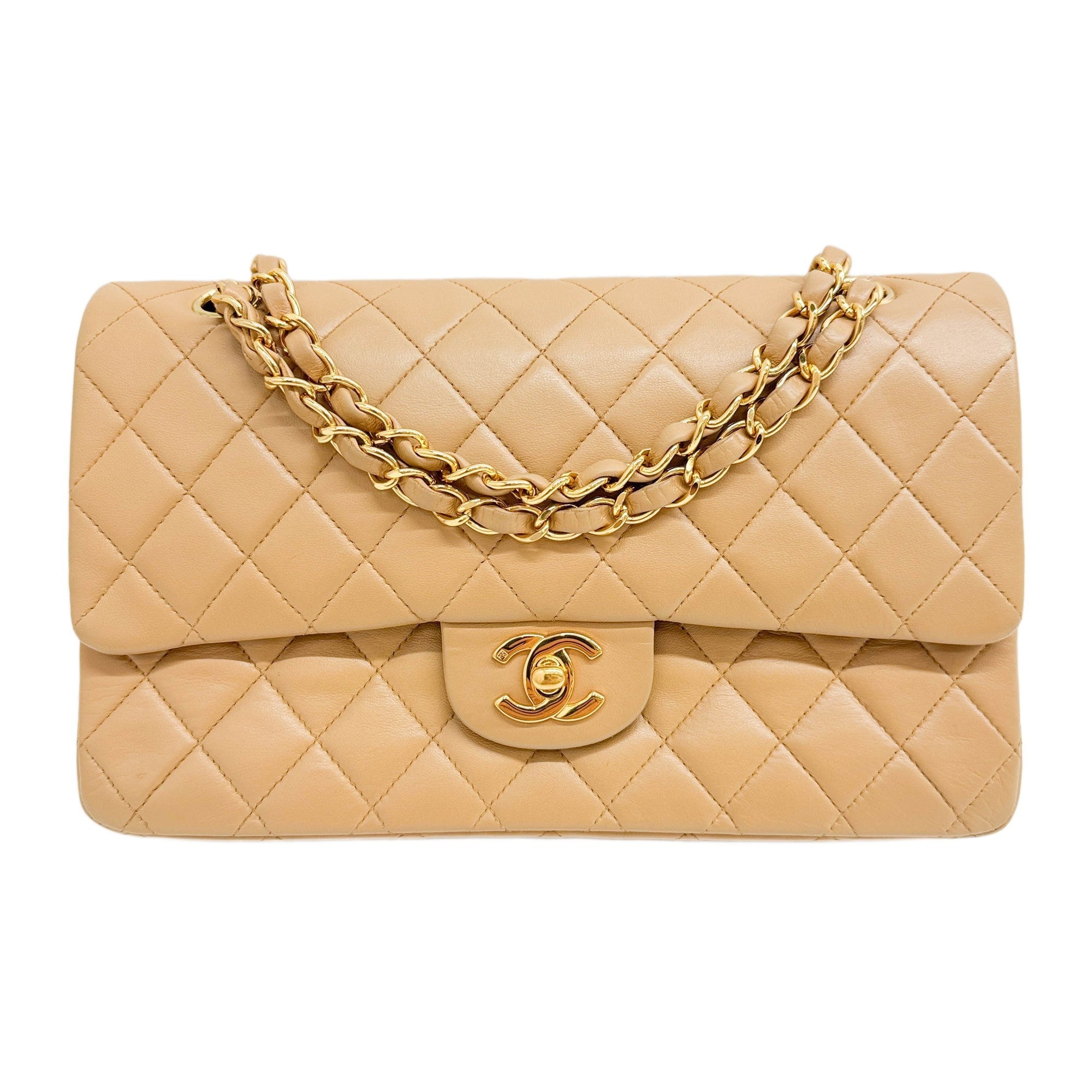 CHANEL Double Flap Beige Lambskin Matelasse Chain Shoulder Bag
