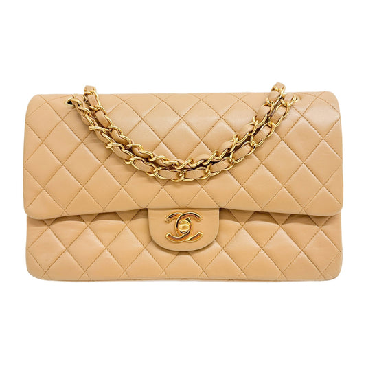 Double Flap Beige Lambskin Matelasse Chain Shoulder Bag