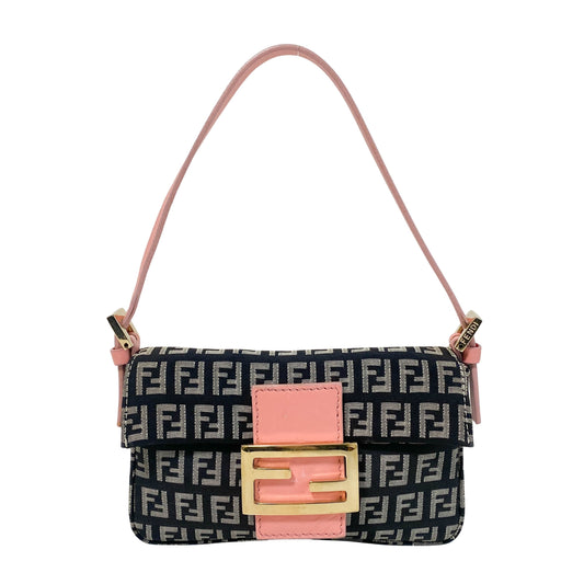 Mini Baguette Black Canvas and Pink Leather Shoulder Bag