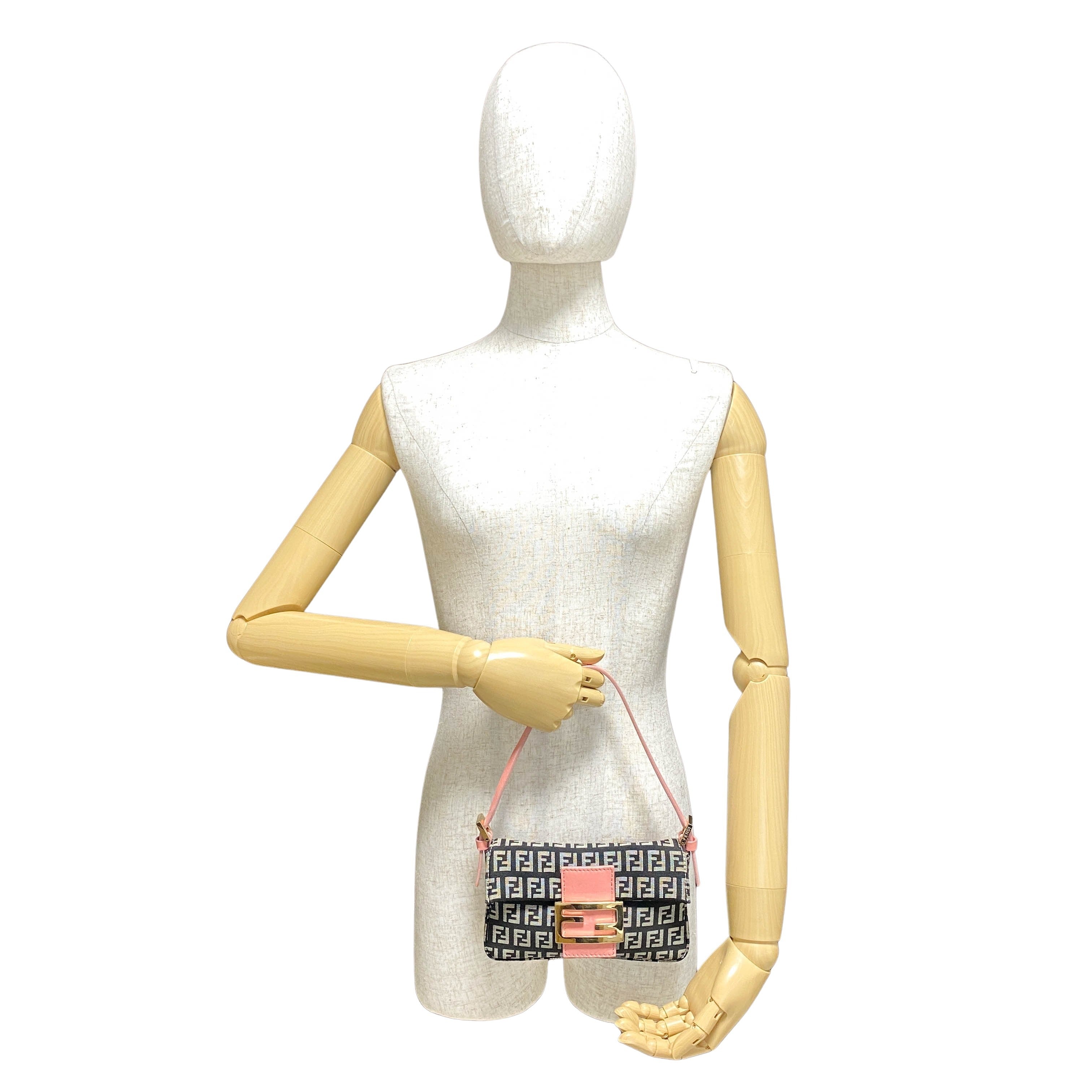 Mini Baguette Black Canvas and Pink Leather Shoulder Bag