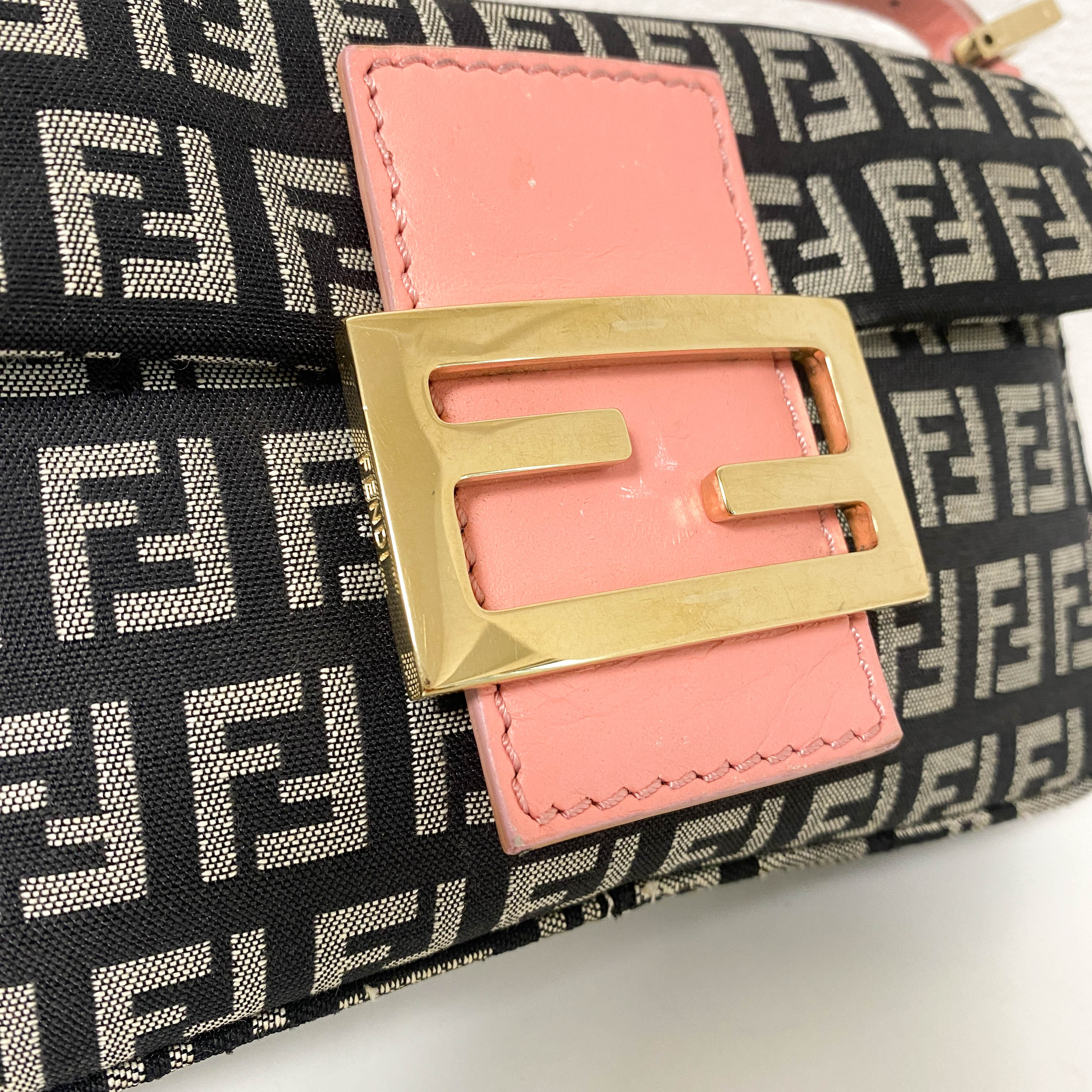 Mini Baguette Black Canvas and Pink Leather Shoulder Bag