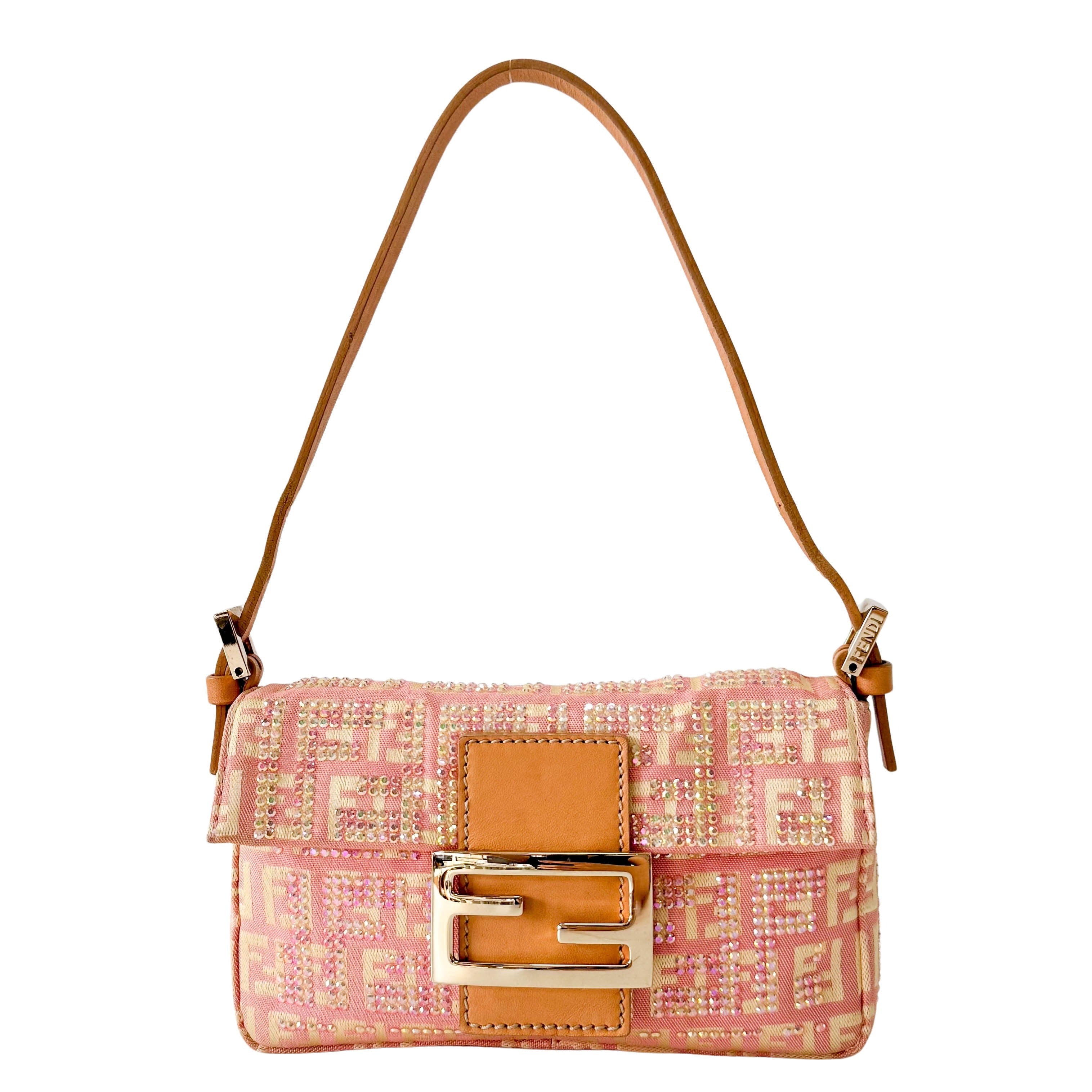 Baguette Mini Pink Beaded Canvas Shoulder Bag