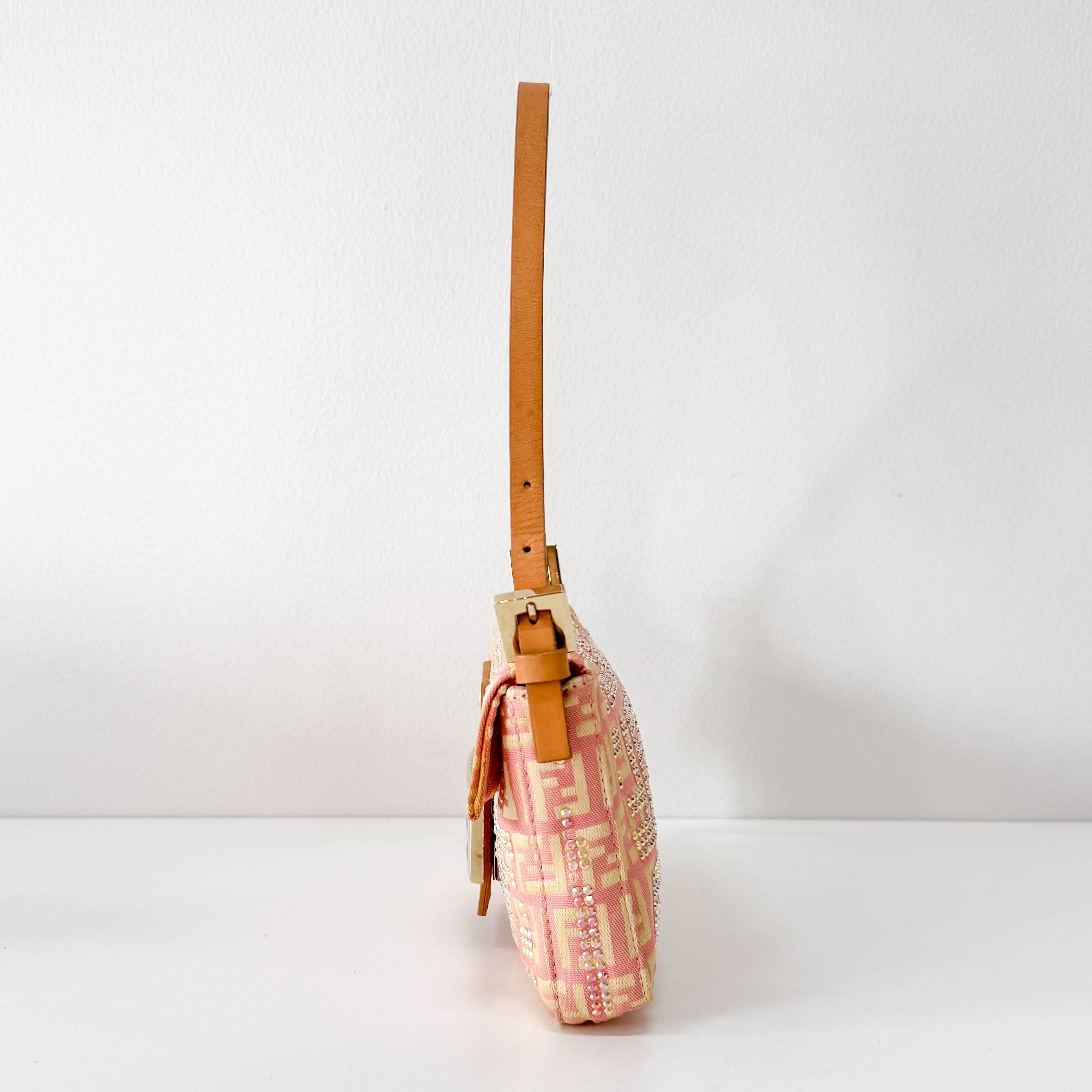 Baguette Mini Pink Beaded Canvas Shoulder Bag