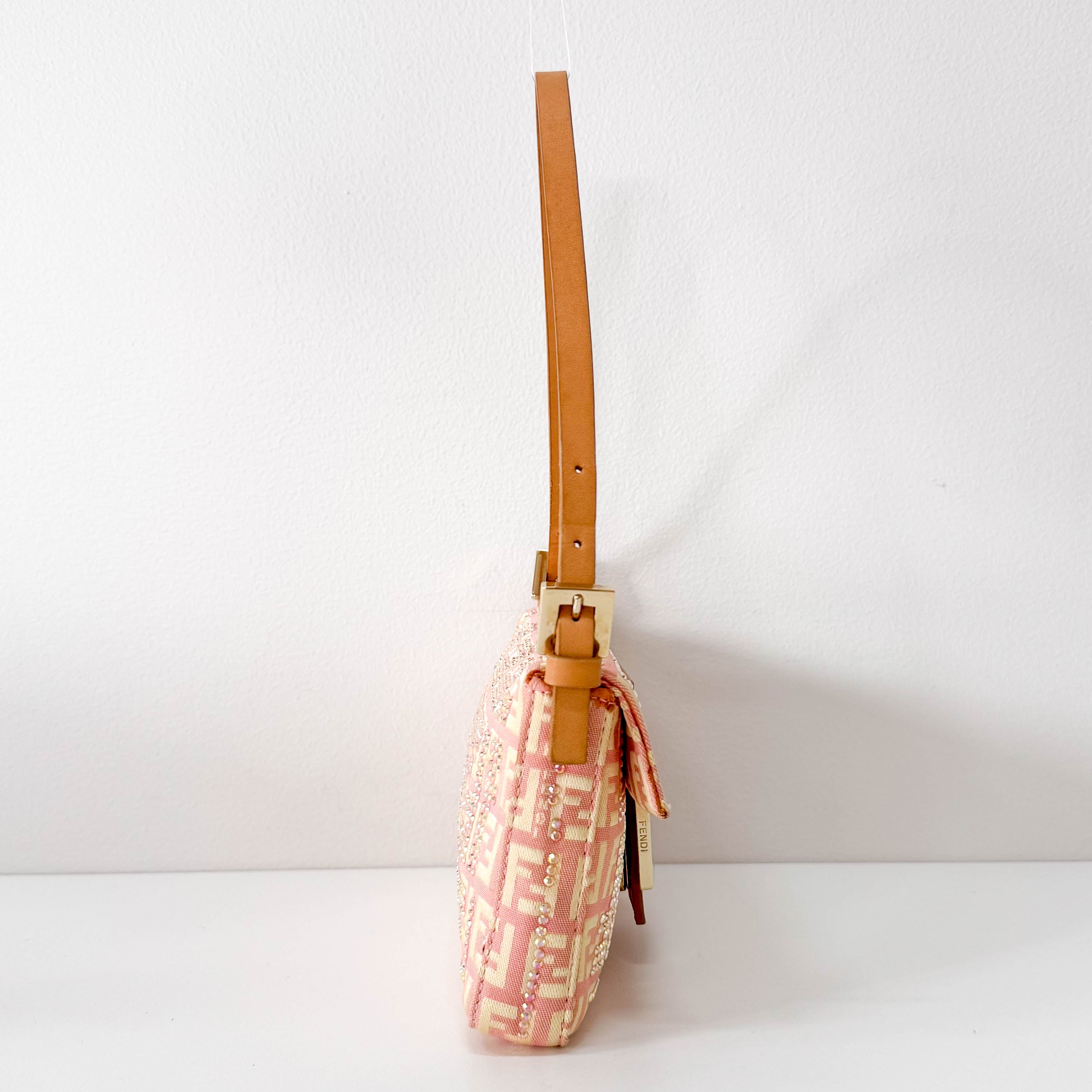 Baguette Mini Pink Beaded Canvas Shoulder Bag