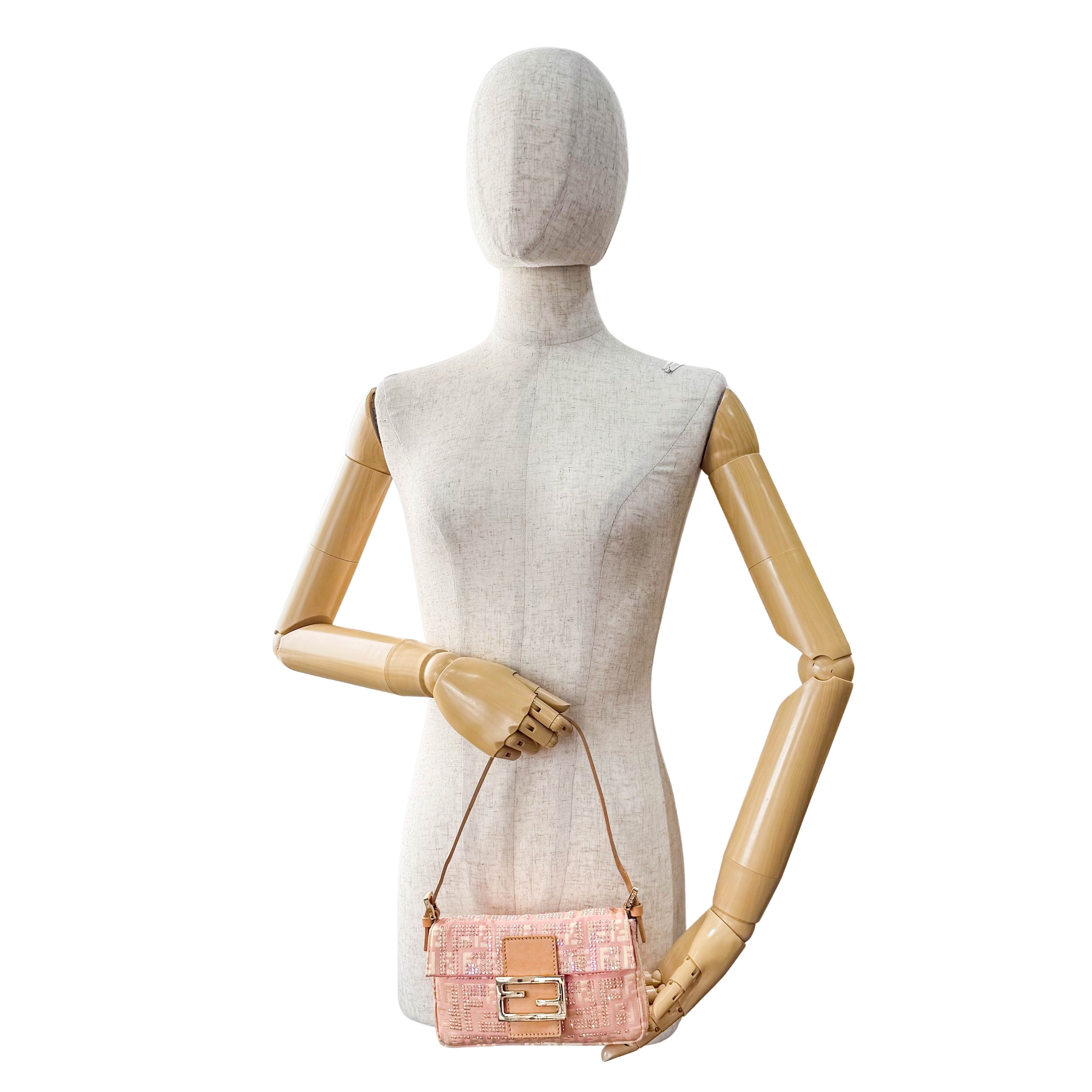 Baguette Mini Pink Beaded Canvas Shoulder Bag