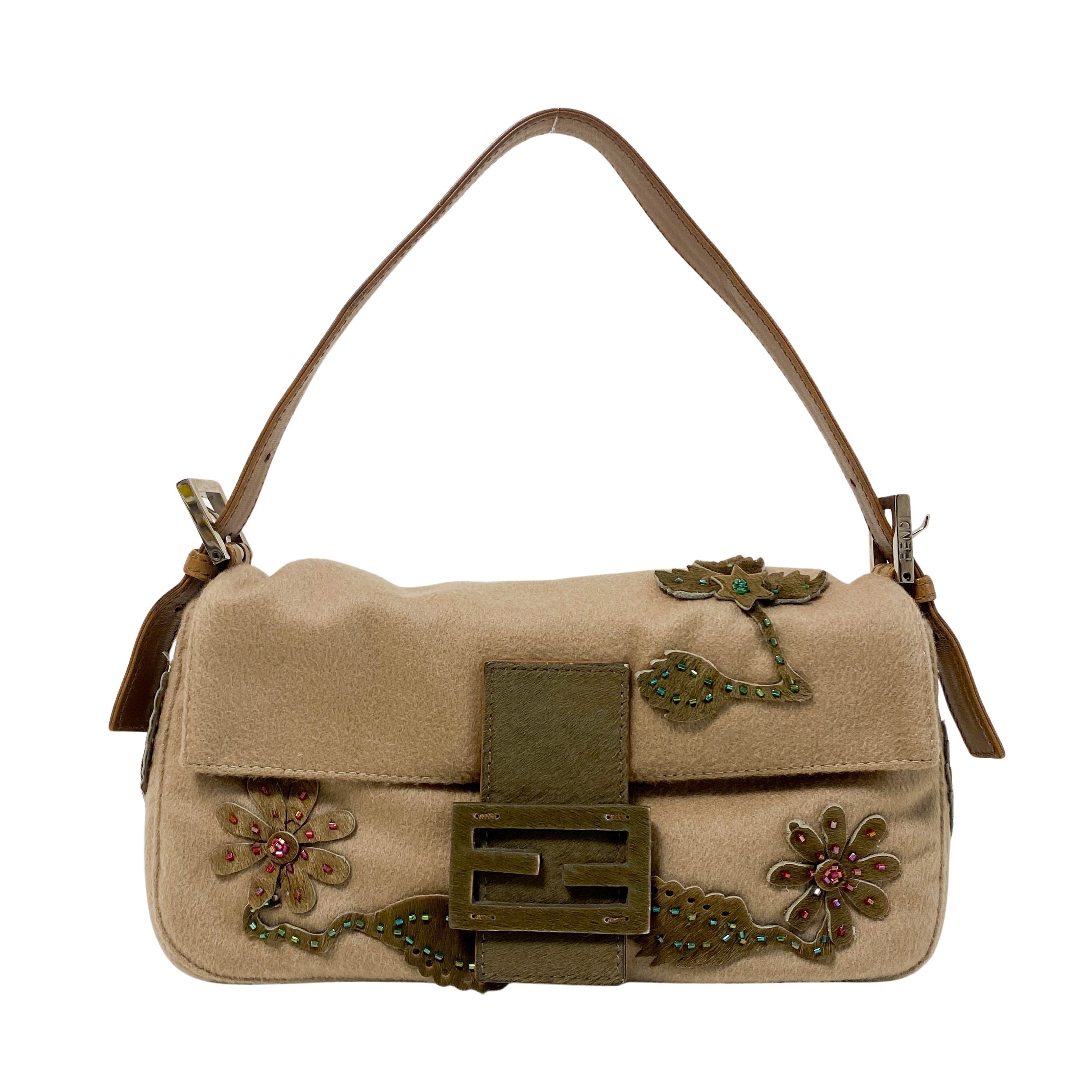 Baguette Brown Cashmere Flower Embroidered with Beads Shoulder Bag