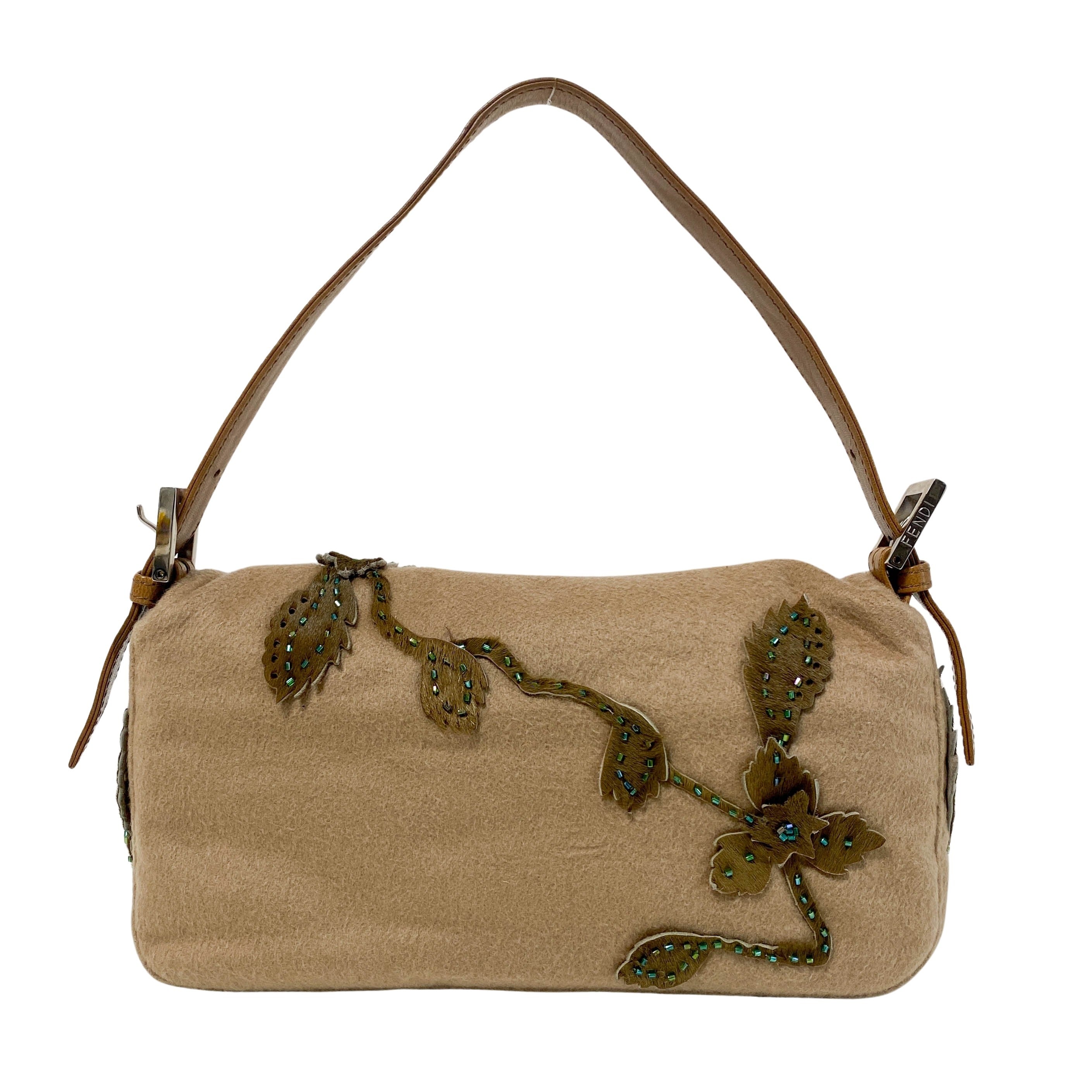Baguette Brown Cashmere Flower Embroidered with Beads Shoulder Bag