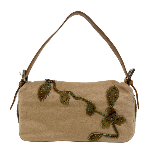 Baguette Brown Cashmere Flower Embroidered with Beads Shoulder Bag