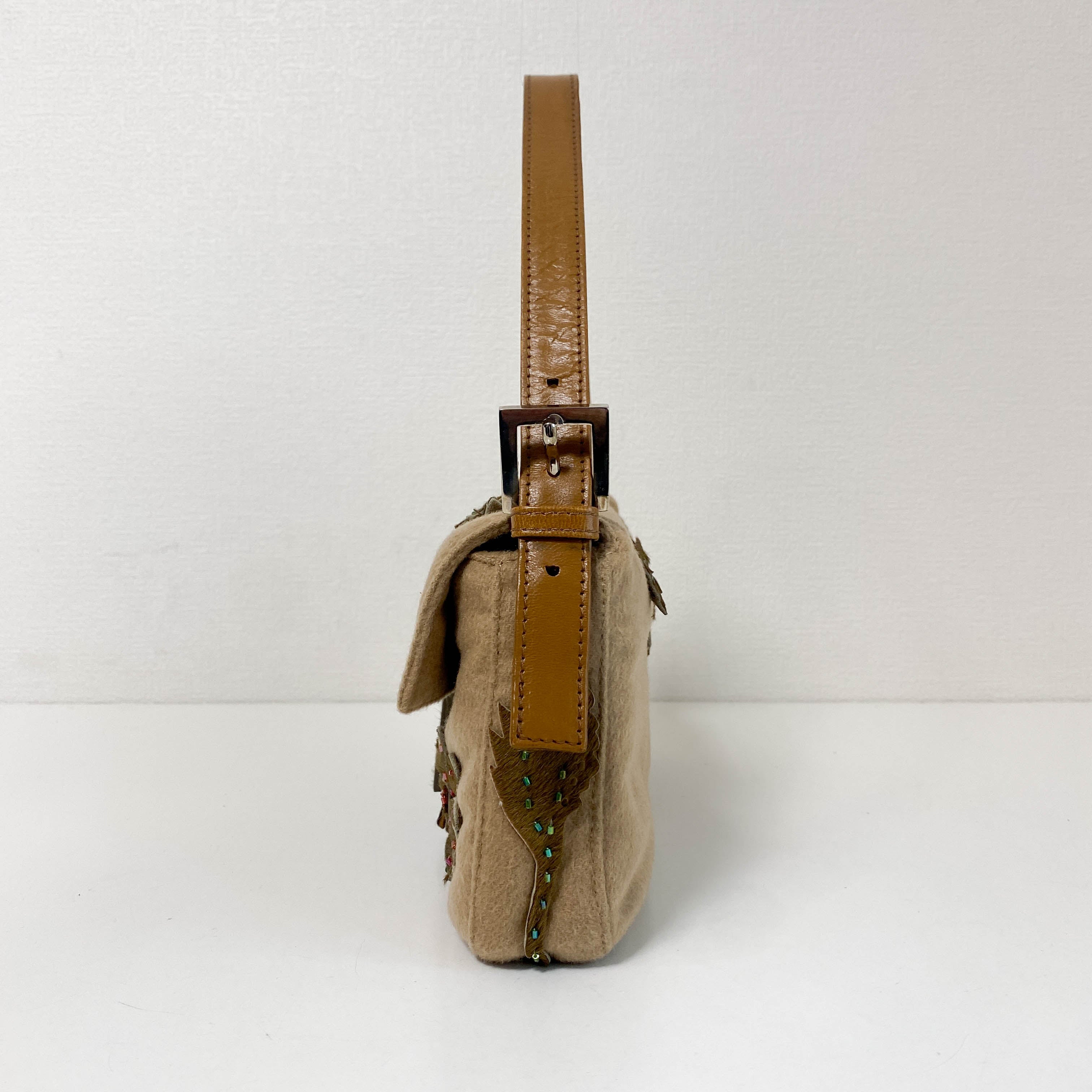 Baguette Brown Cashmere Flower Embroidered with Beads Shoulder Bag