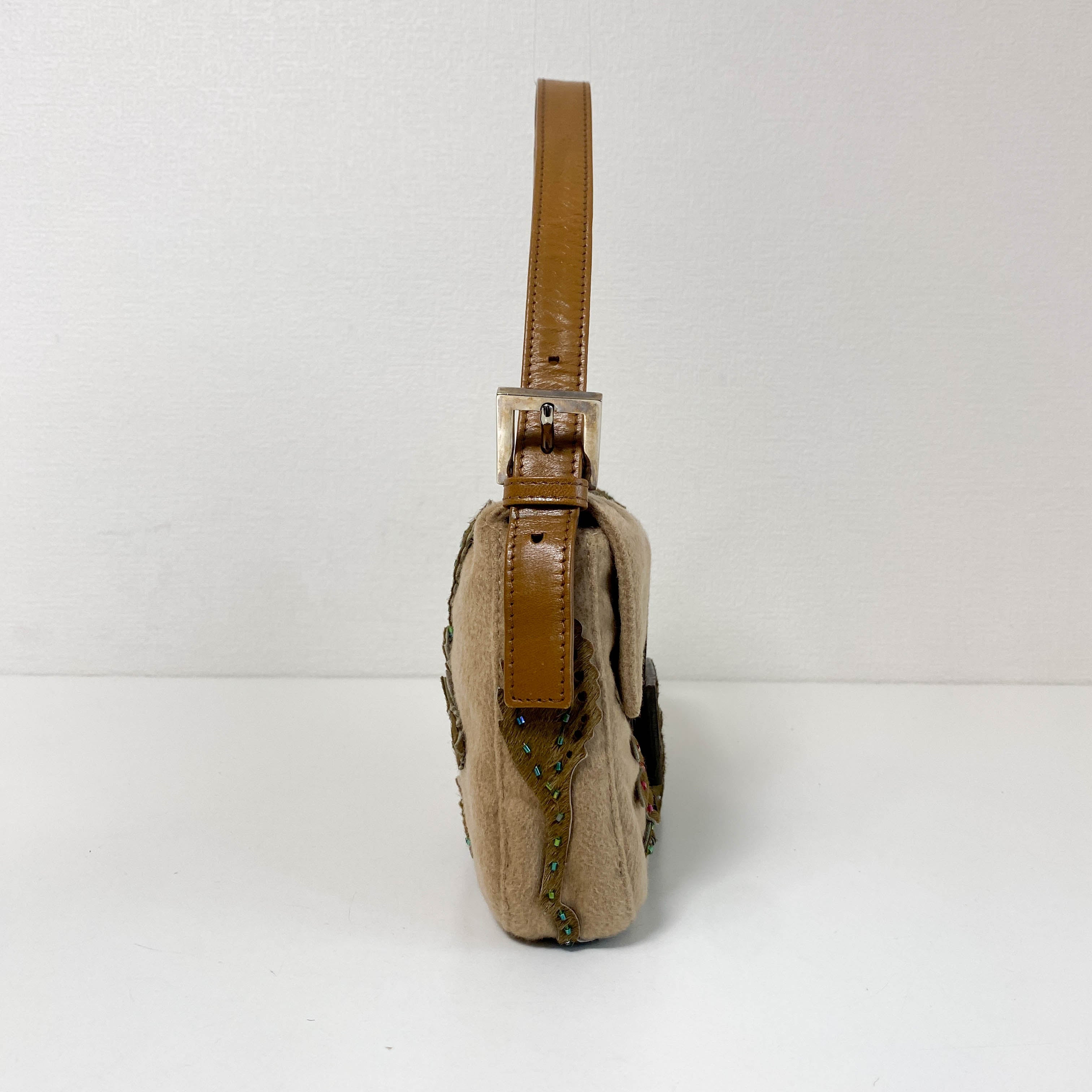 Baguette Brown Cashmere Flower Embroidered with Beads Shoulder Bag