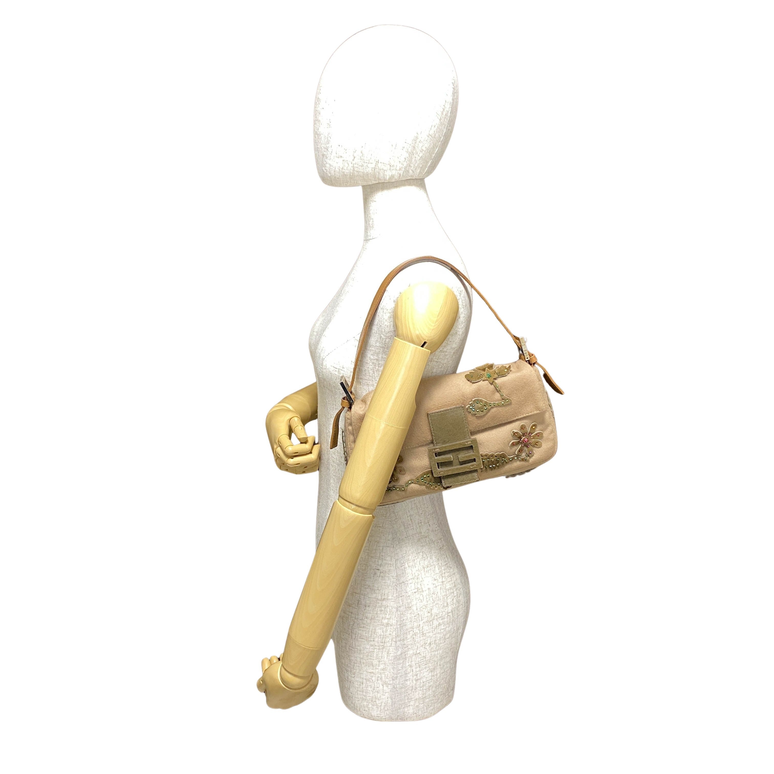 Baguette Brown Cashmere Flower Embroidered with Beads Shoulder Bag