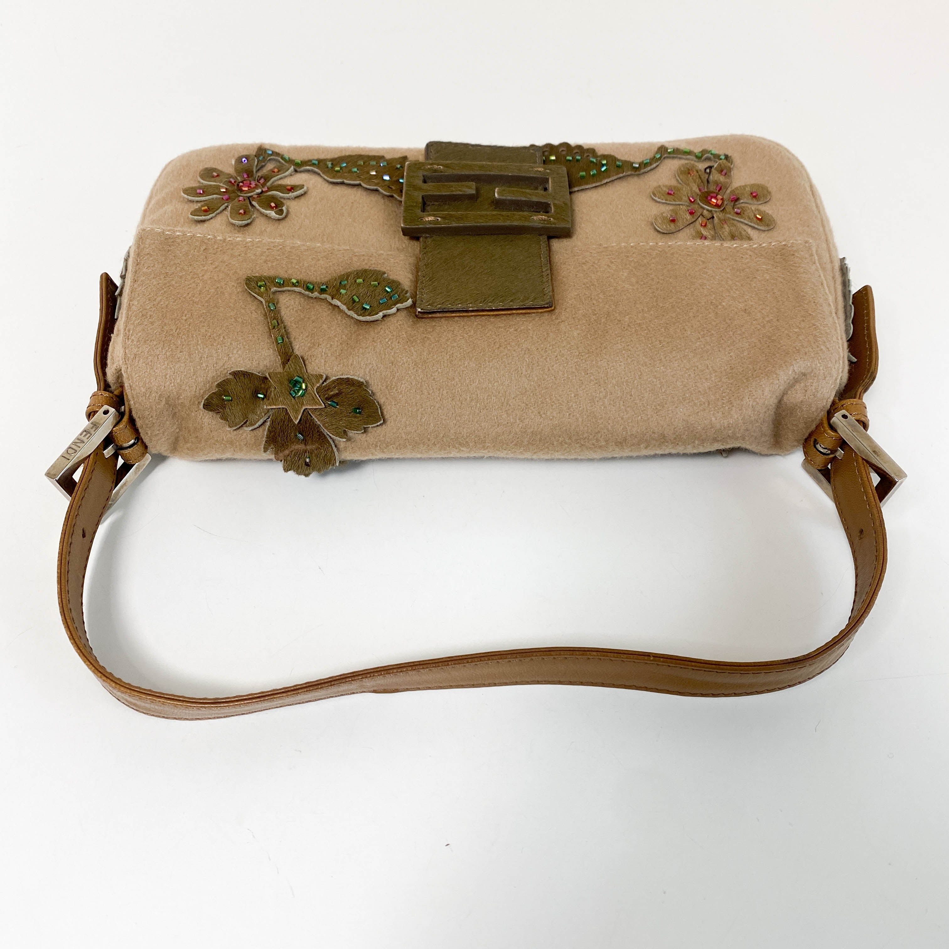 Baguette Brown Cashmere Flower Embroidered with Beads Shoulder Bag