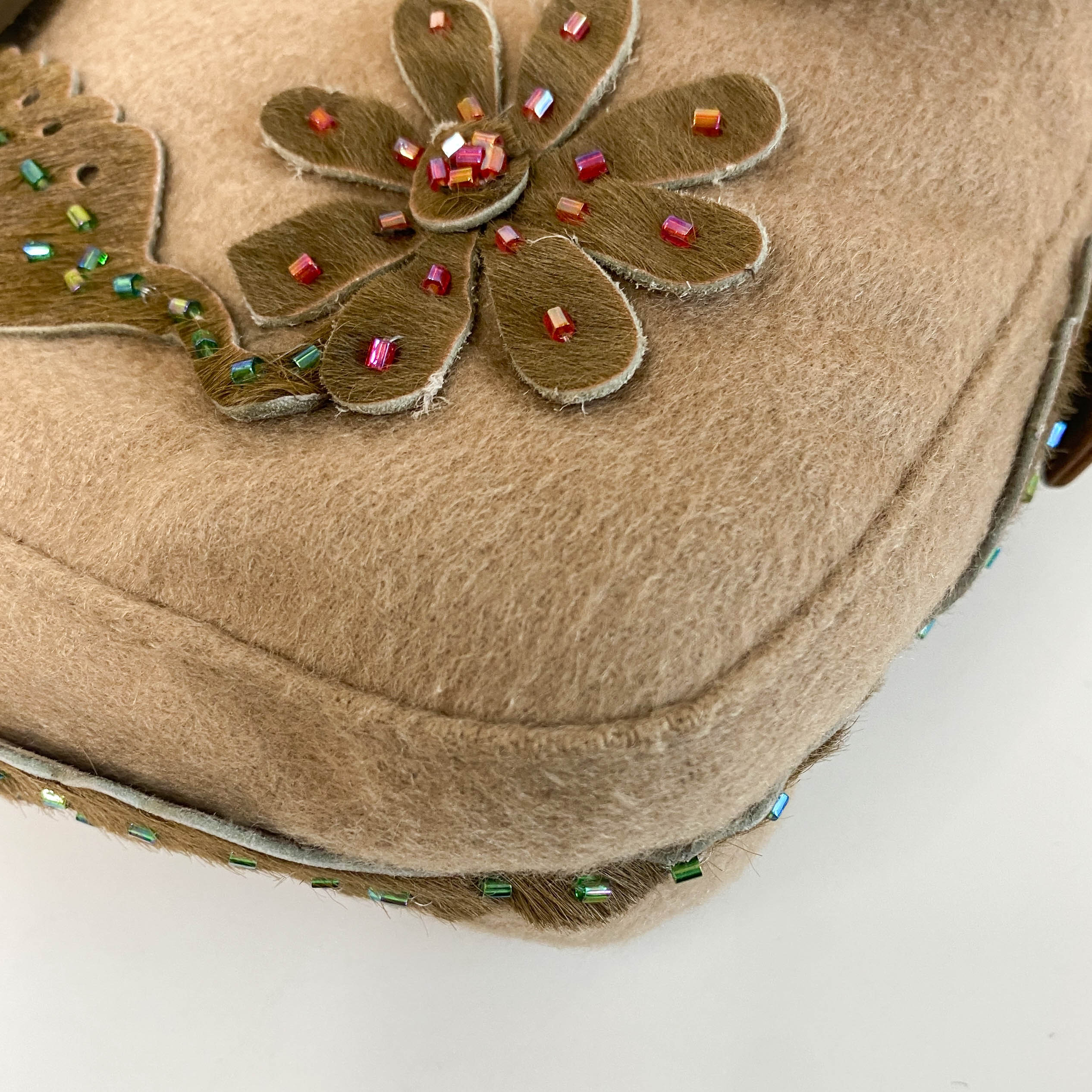 Baguette Brown Cashmere Flower Embroidered with Beads Shoulder Bag