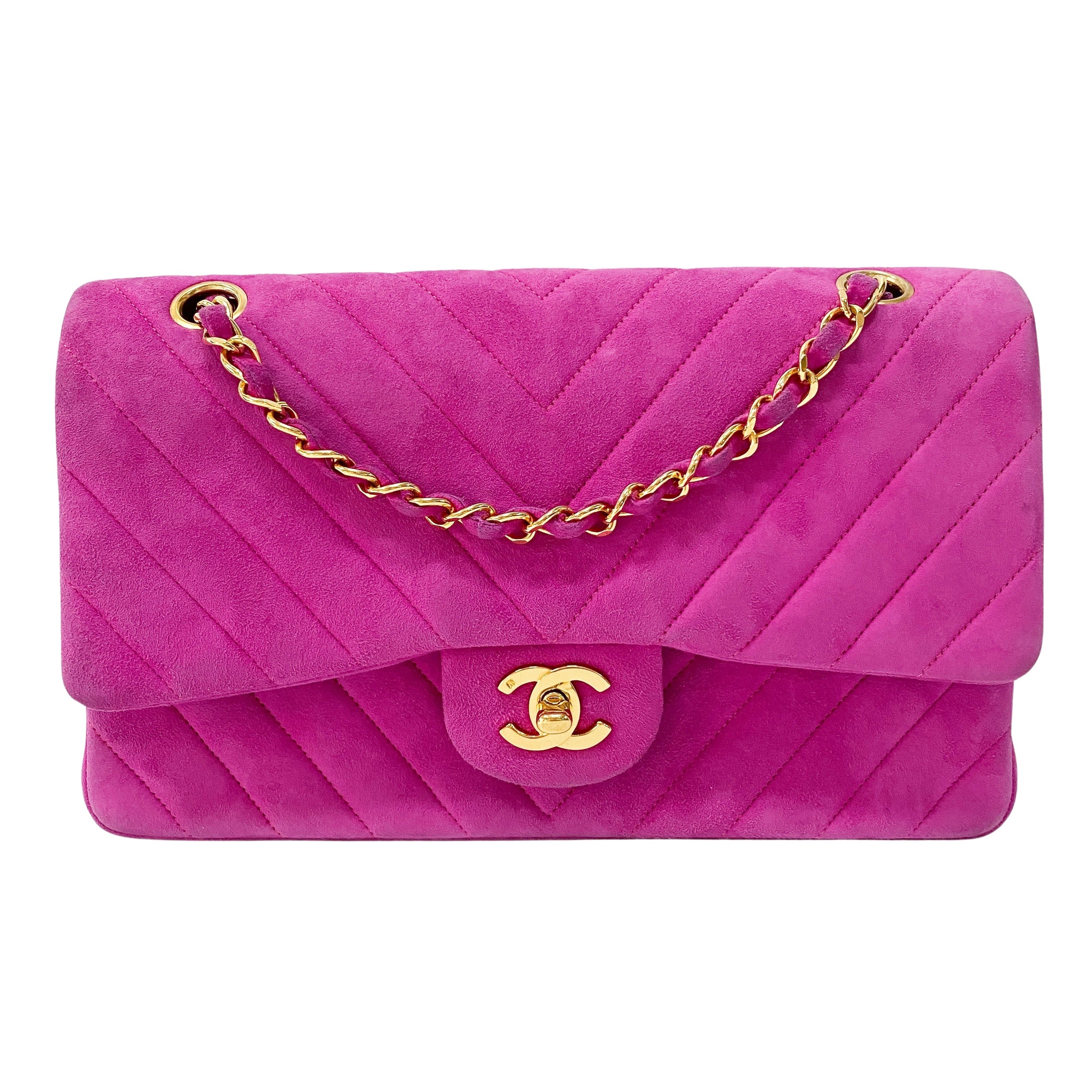 Chevron Double Flap Pink Suede Bag