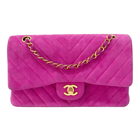 Chevron Double Flap Pink Suede Bag