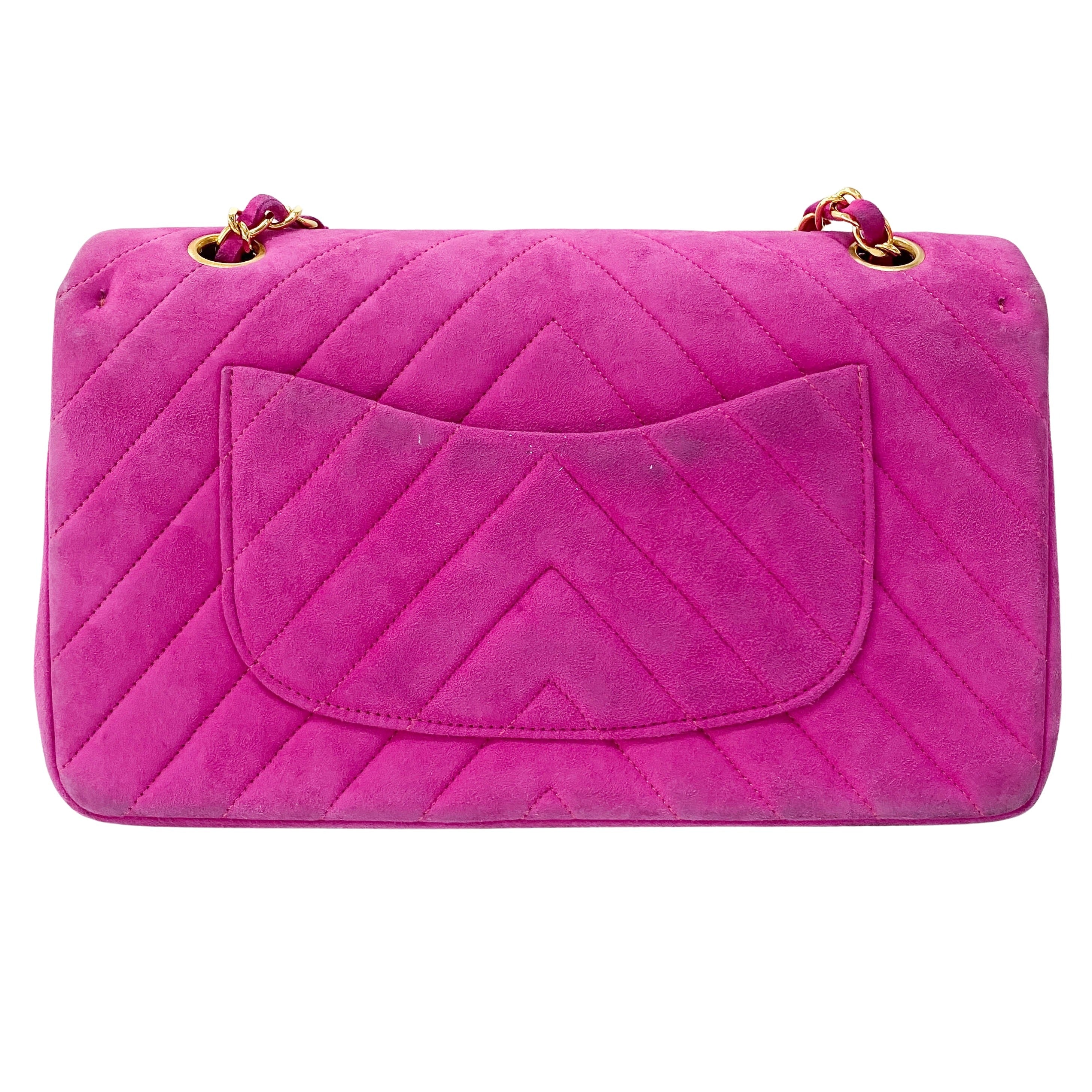 Chevron Double Flap Pink Suede Bag