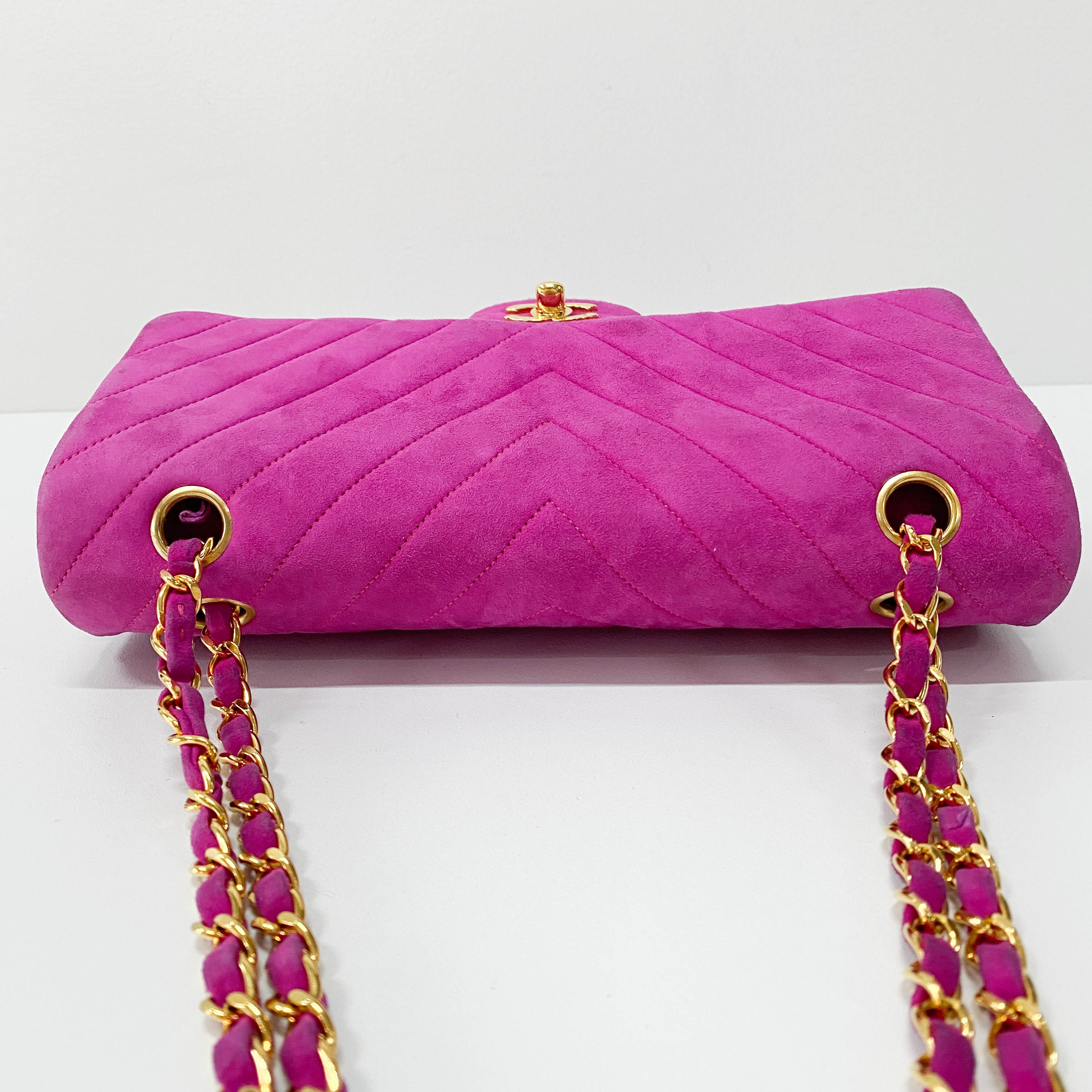 Chevron Double Flap Pink Suede Bag
