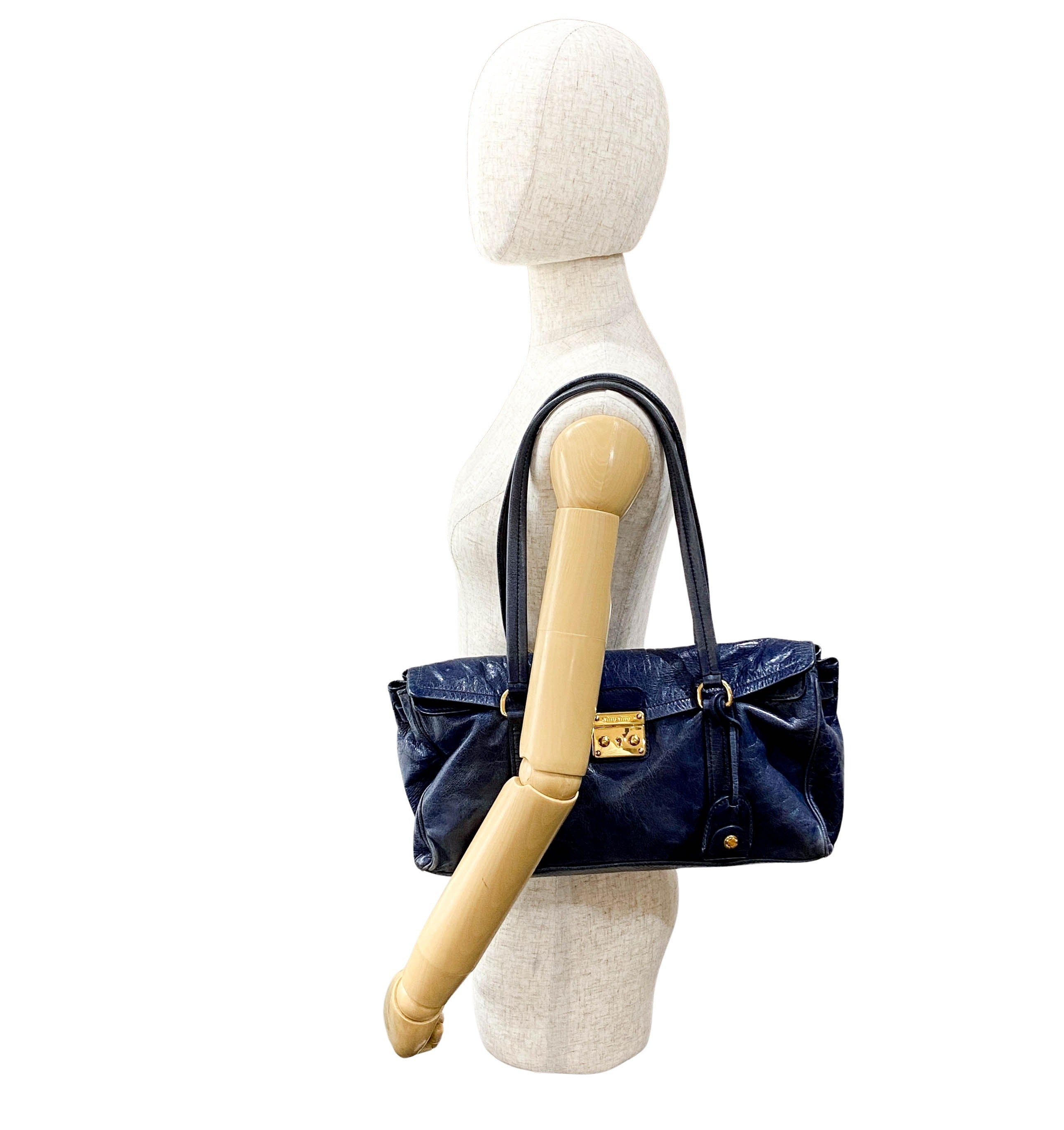 Vitello Shine Navy Calfskin Shoulder Bag