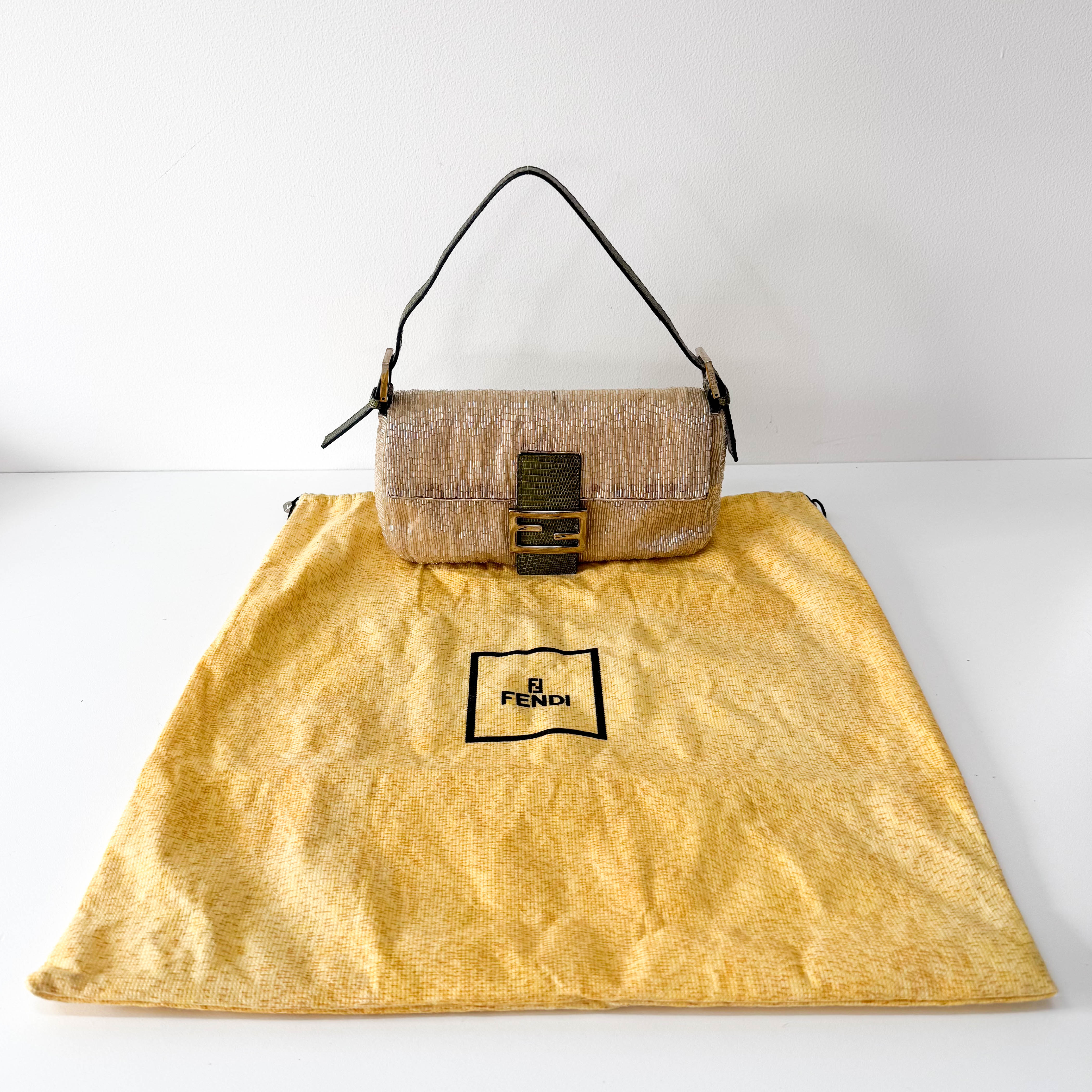 Baguette Beige Beaded Shoulder Bag