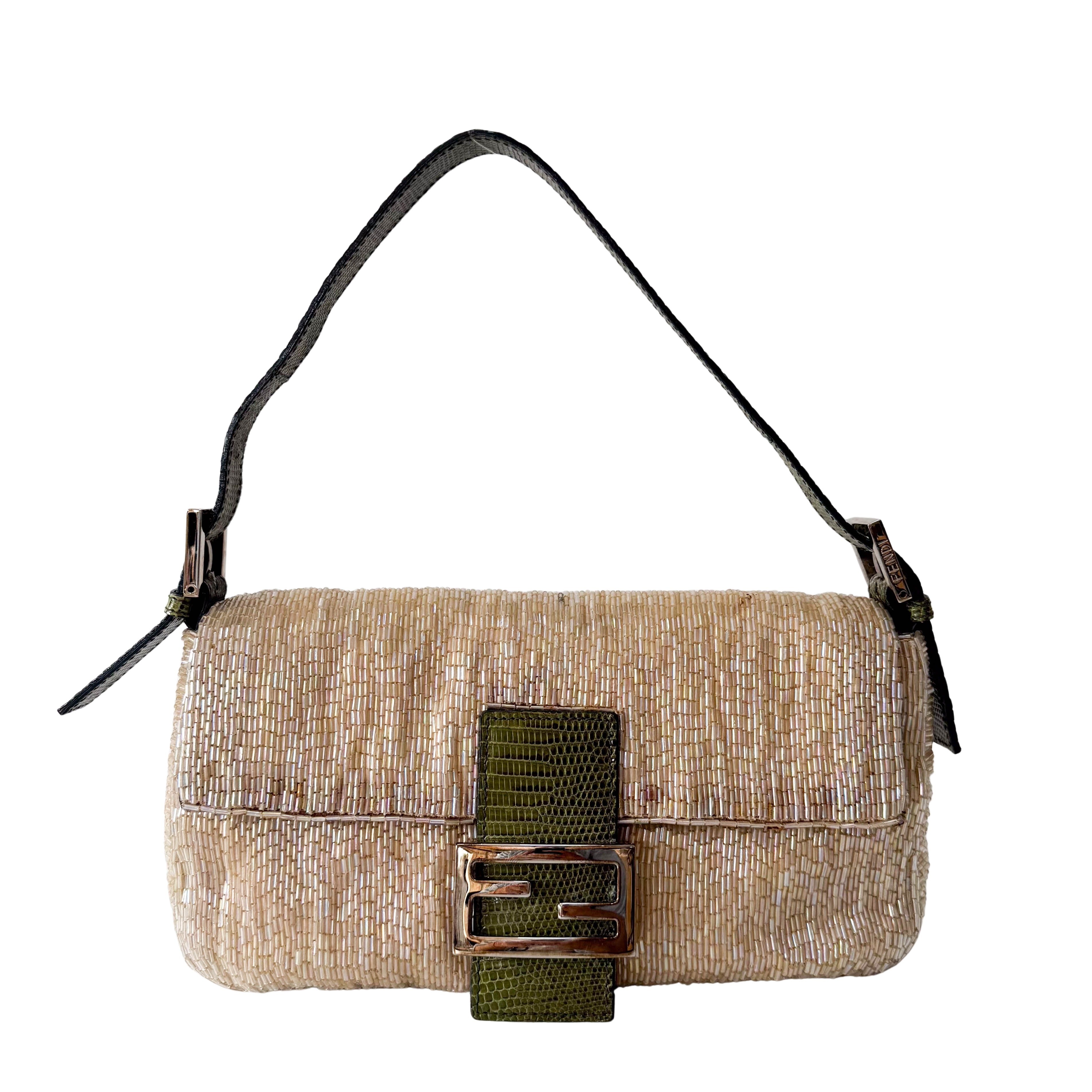 Baguette Beige Beaded Shoulder Bag
