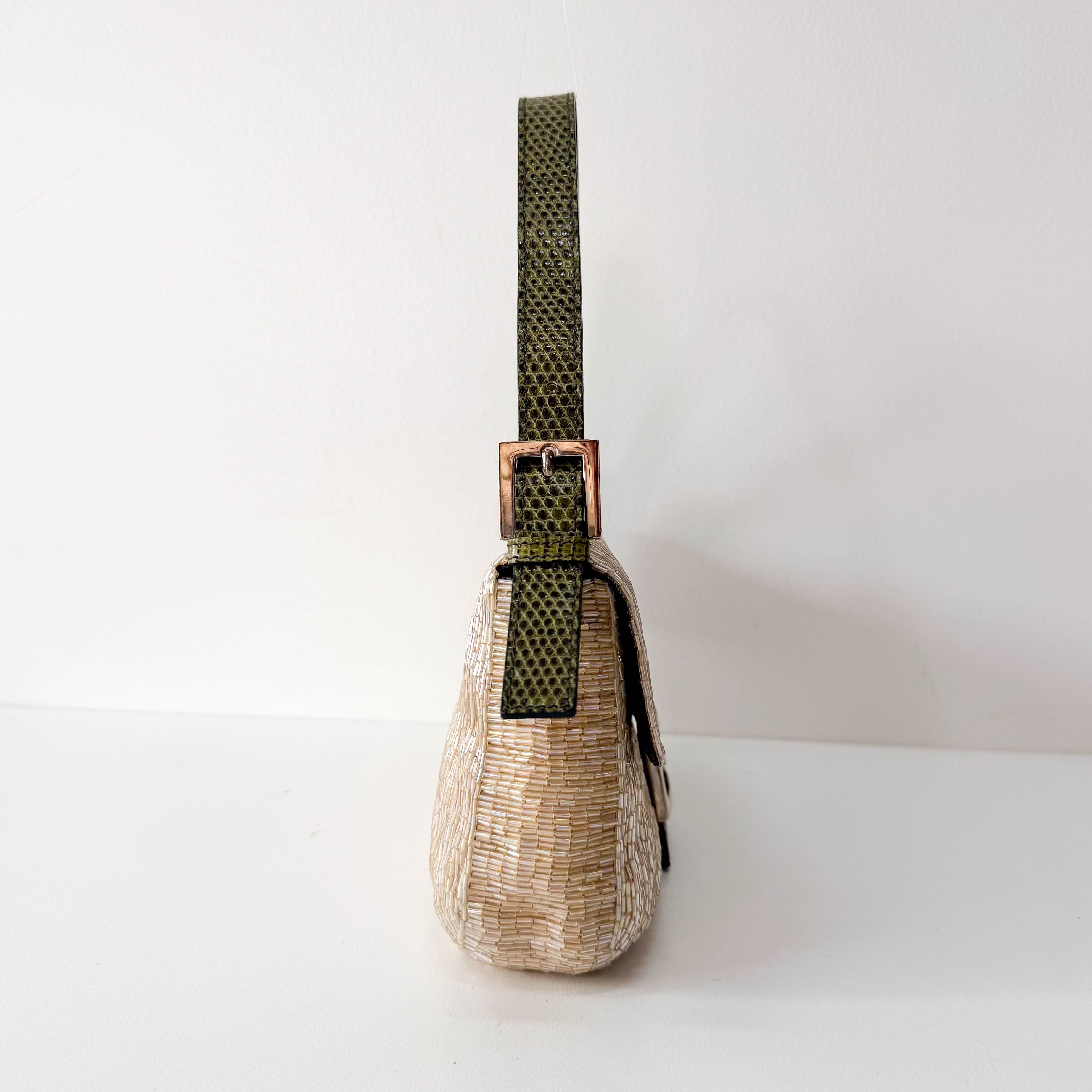 Baguette Beige Beaded Shoulder Bag