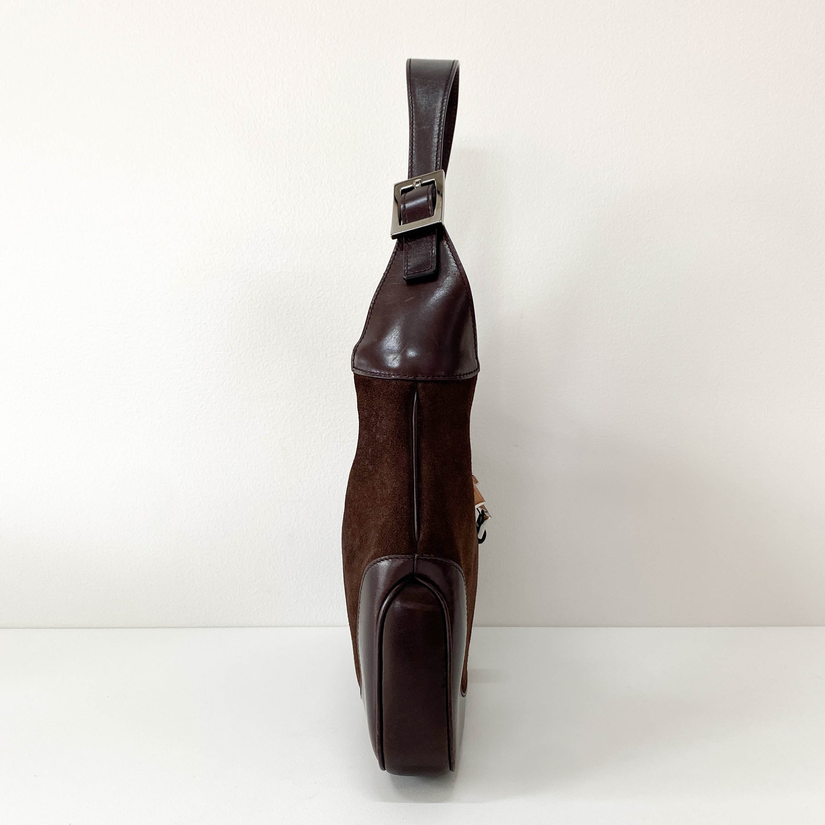 Jackie Ophidia Sherry Line Brown Suede Shoulder Bag