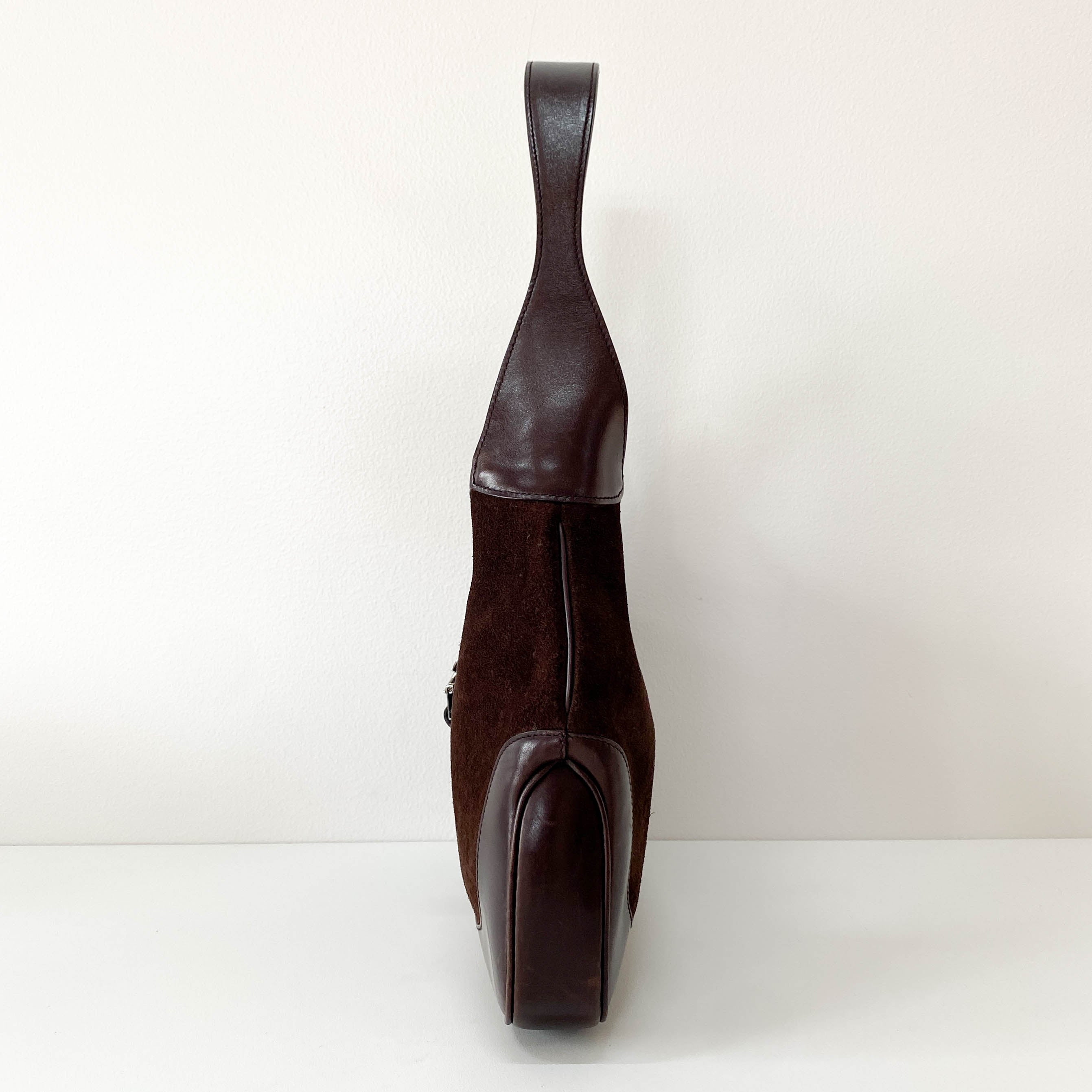 Jackie Ophidia Sherry Line Brown Suede Shoulder Bag