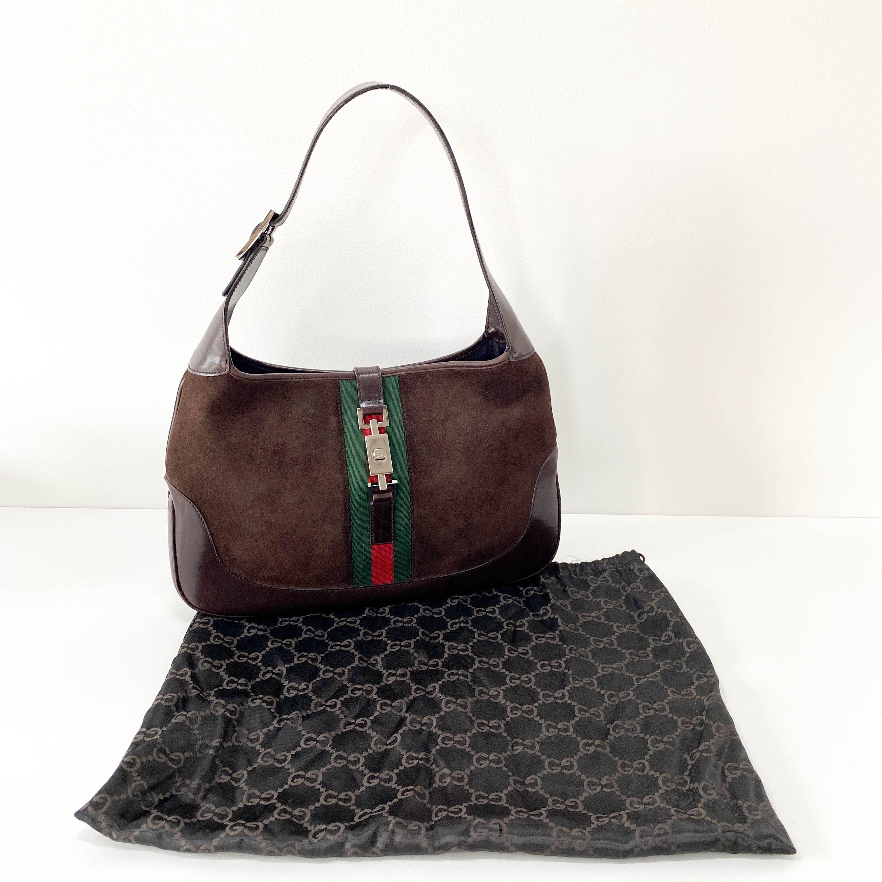 Jackie Ophidia Sherry Line Brown Suede Shoulder Bag