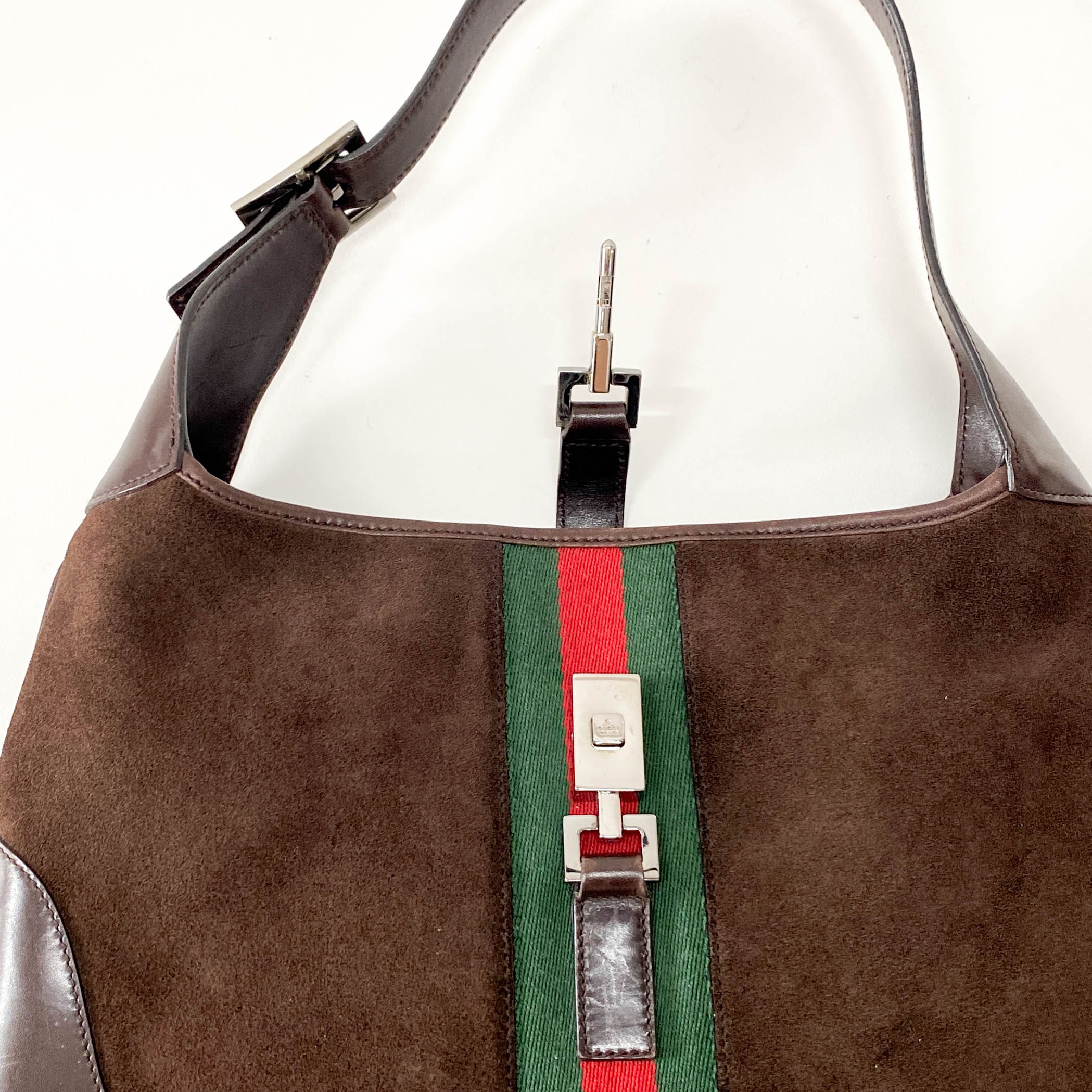 Jackie Ophidia Sherry Line Brown Suede Shoulder Bag