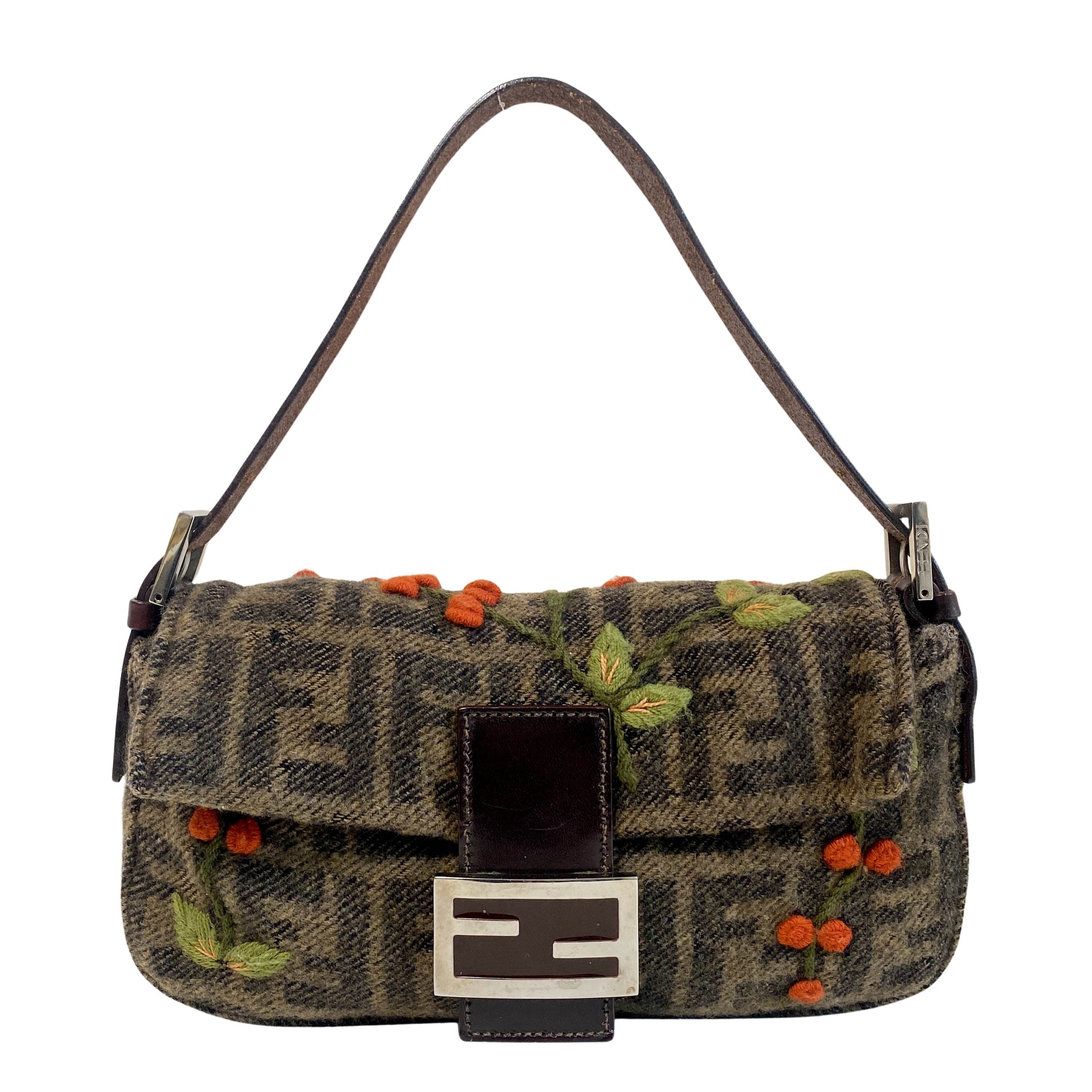 Baguette Zucca Wool Flower Embroidered Shoulder Bag