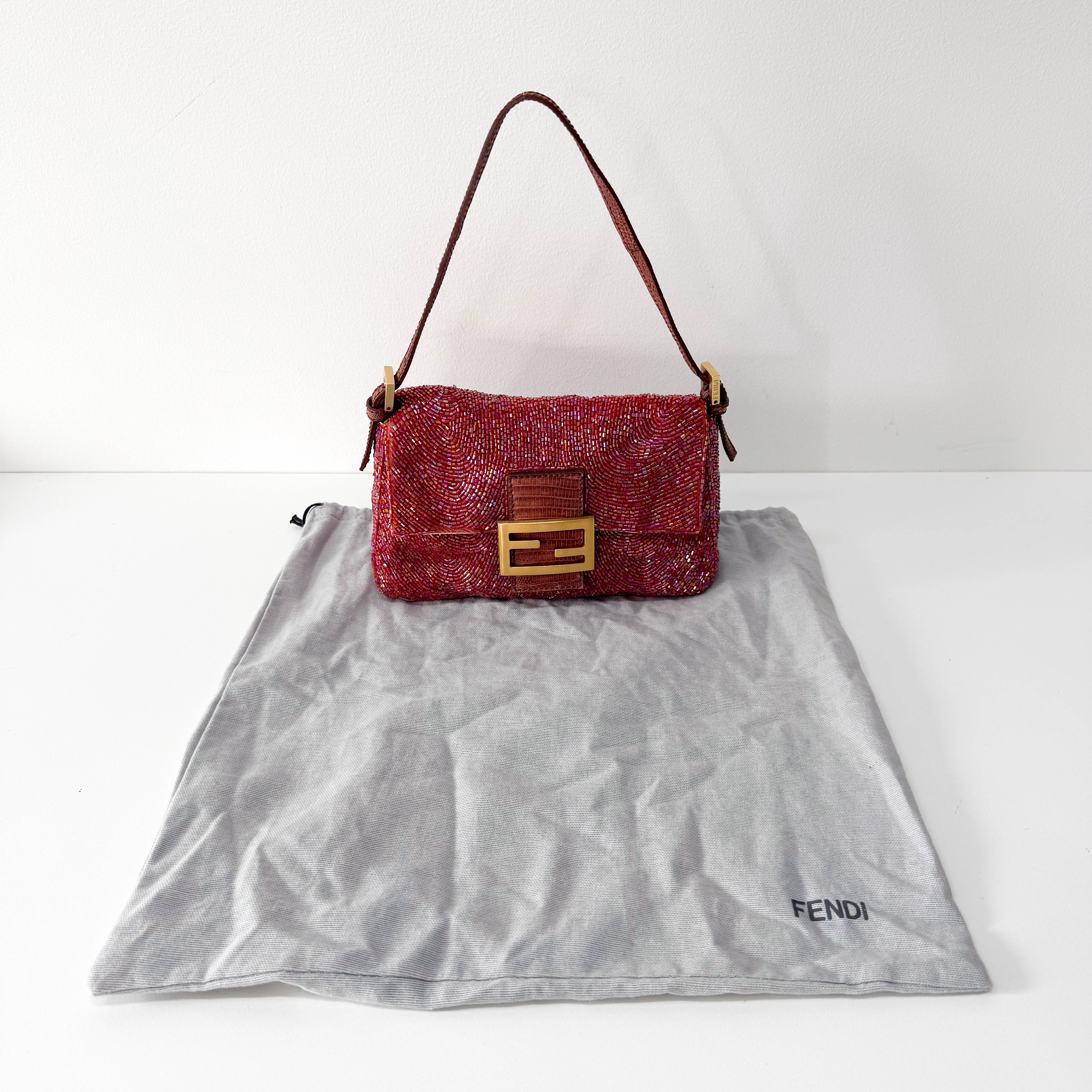 Mini Mamma Baguette Magenta Beads with Gold Buckle Bag