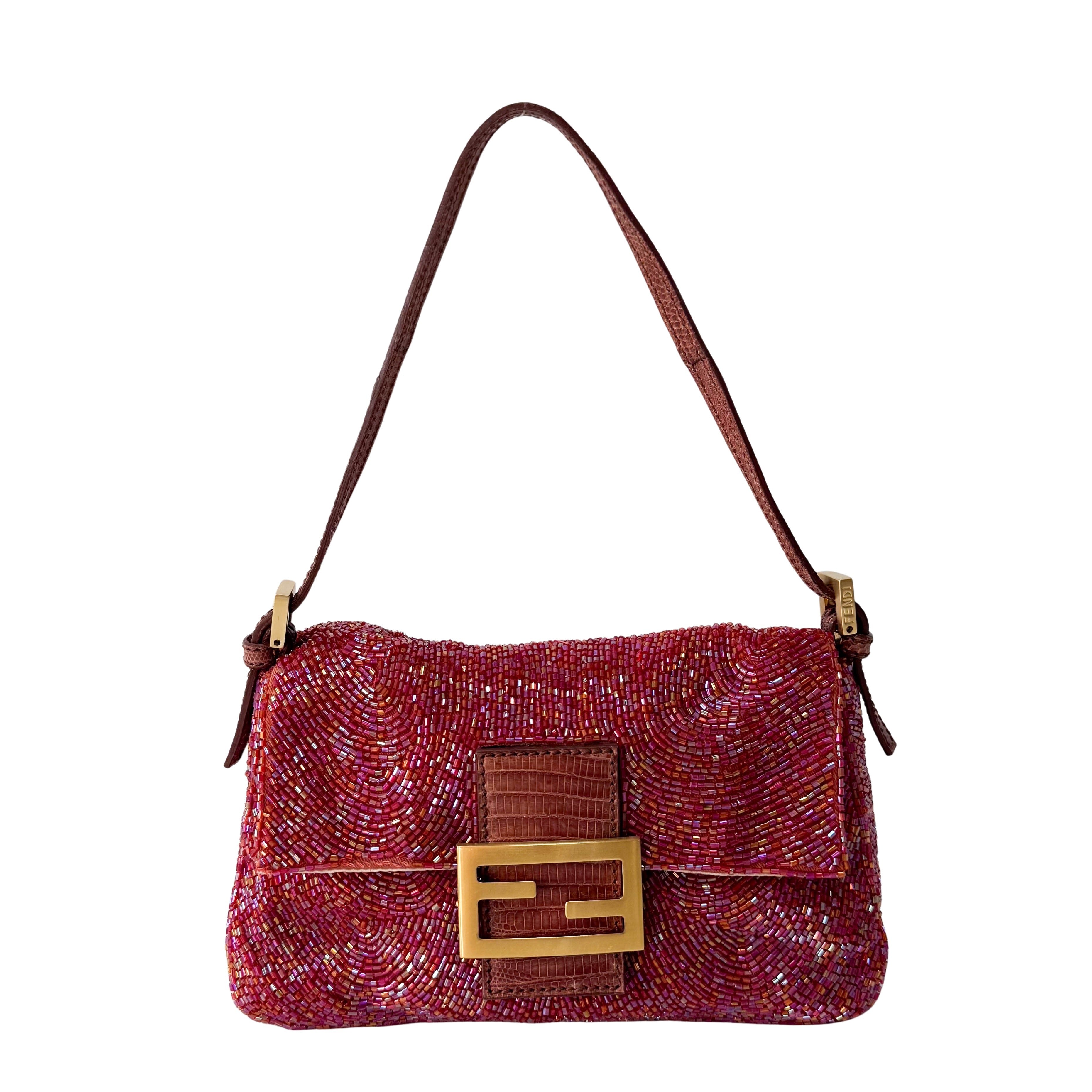 Mini Mamma Baguette Magenta Beads with Gold Buckle Bag