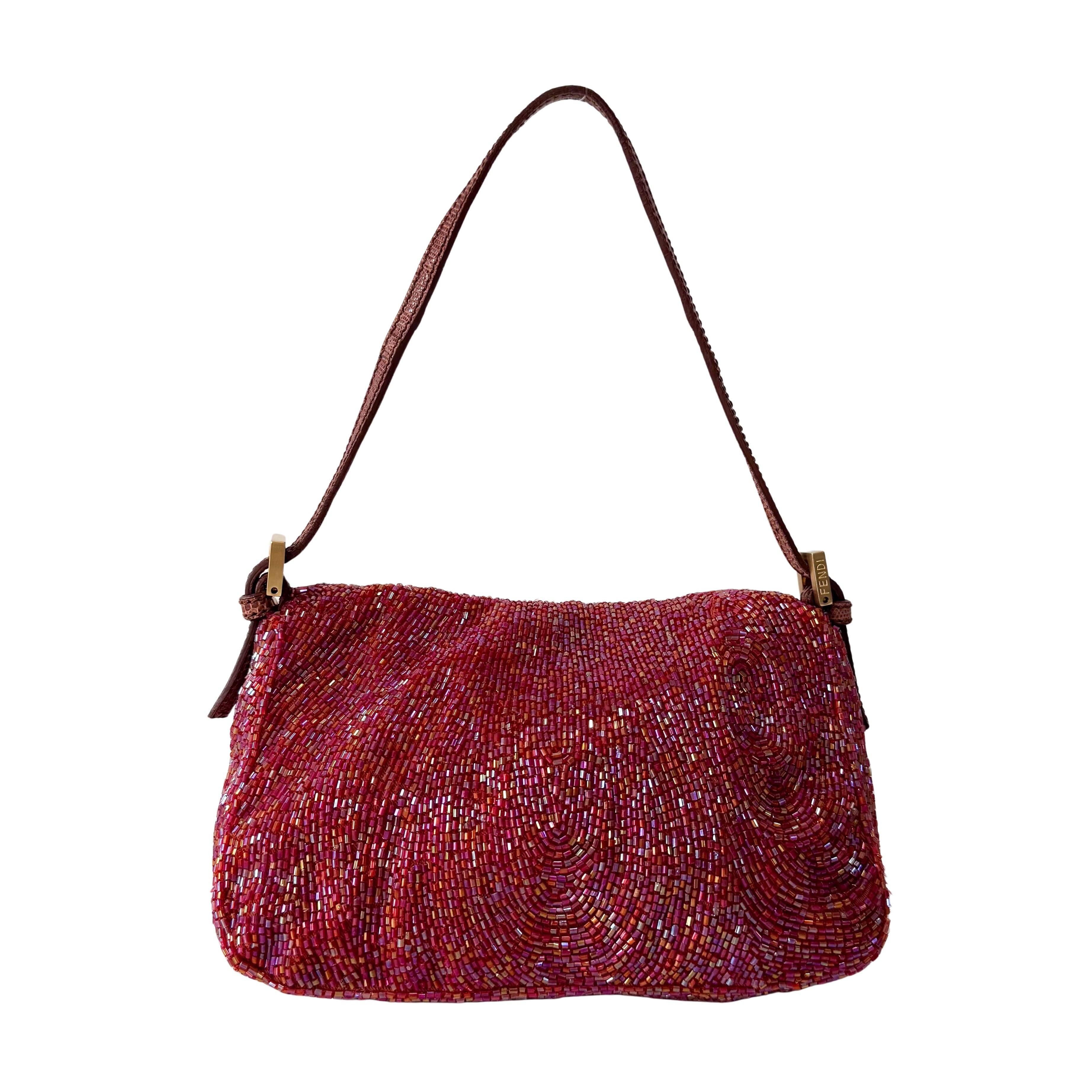 Mini Mamma Baguette Magenta Beads with Gold Buckle Bag