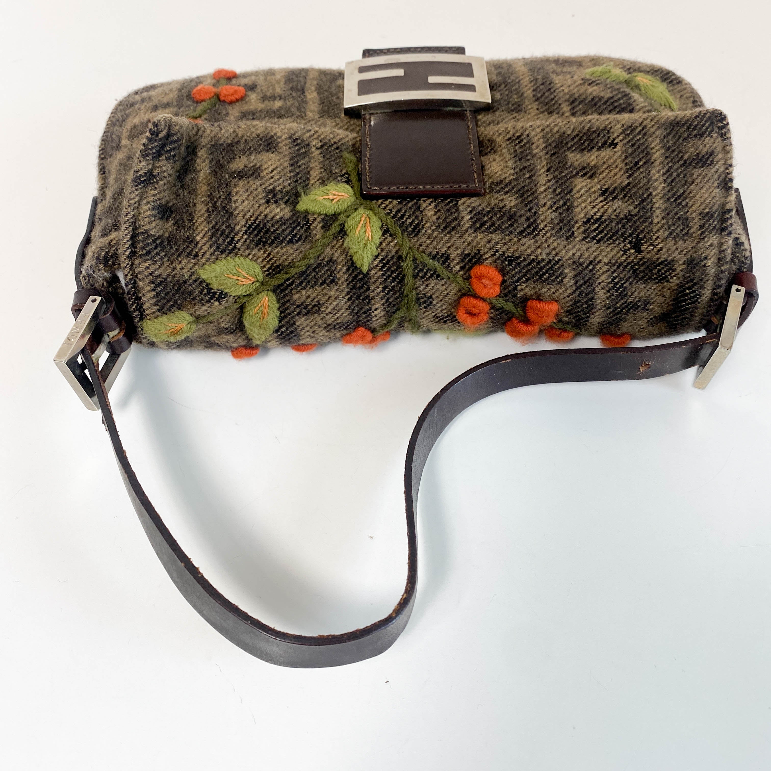 Baguette Zucca Wool Flower Embroidered Shoulder Bag