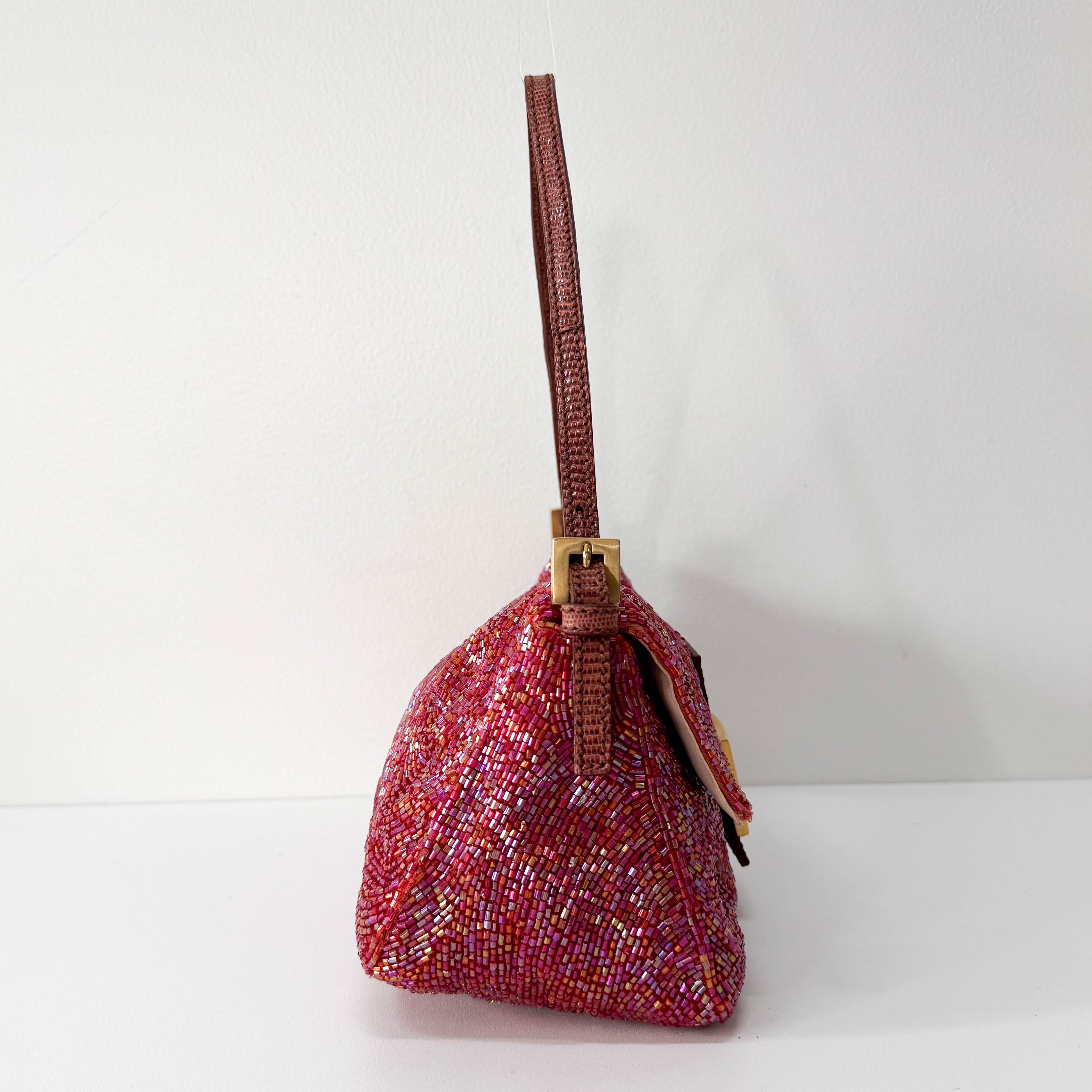 Mini Mamma Baguette Magenta Beads with Gold Buckle Bag