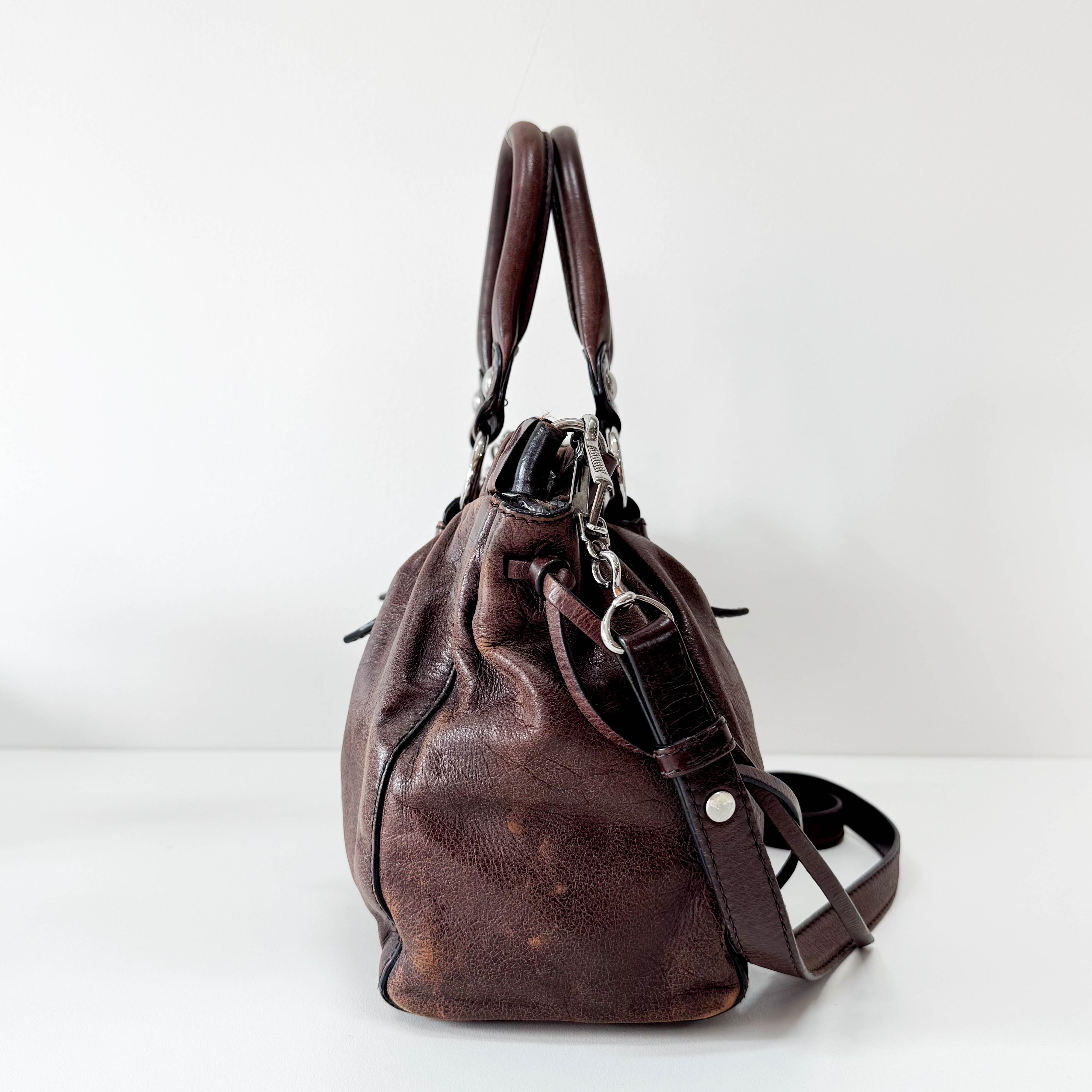 Vitello Bauletto Brown Leather Handle/Shoulder Bag