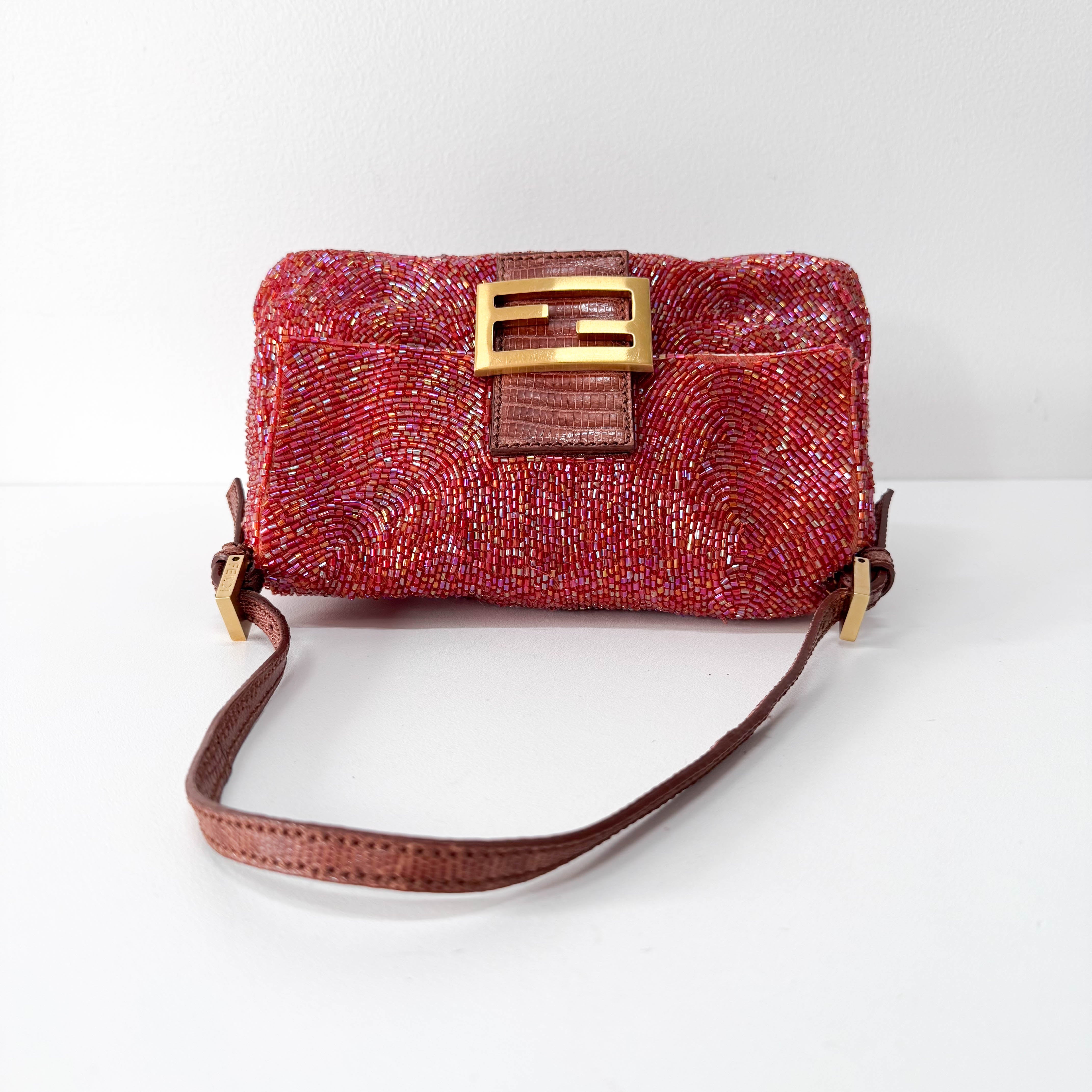 Mini Mamma Baguette Magenta Beads with Gold Buckle Bag