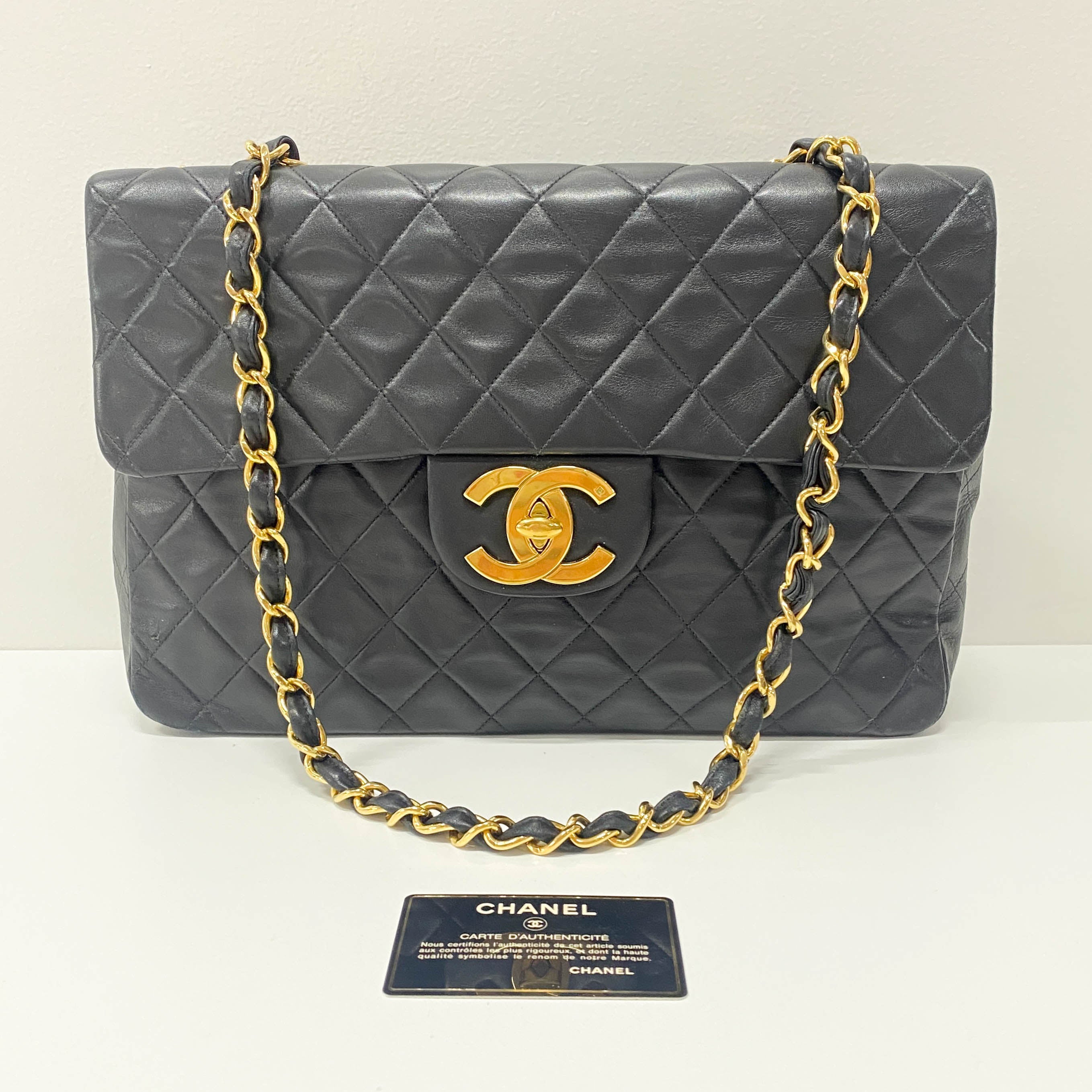 Large Timeless Classic Single Flap Matelassé Black Leather Chain Bag