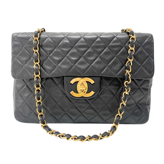 Large Timeless Classic Double Flap Matelassé Black Leather Chain Bag