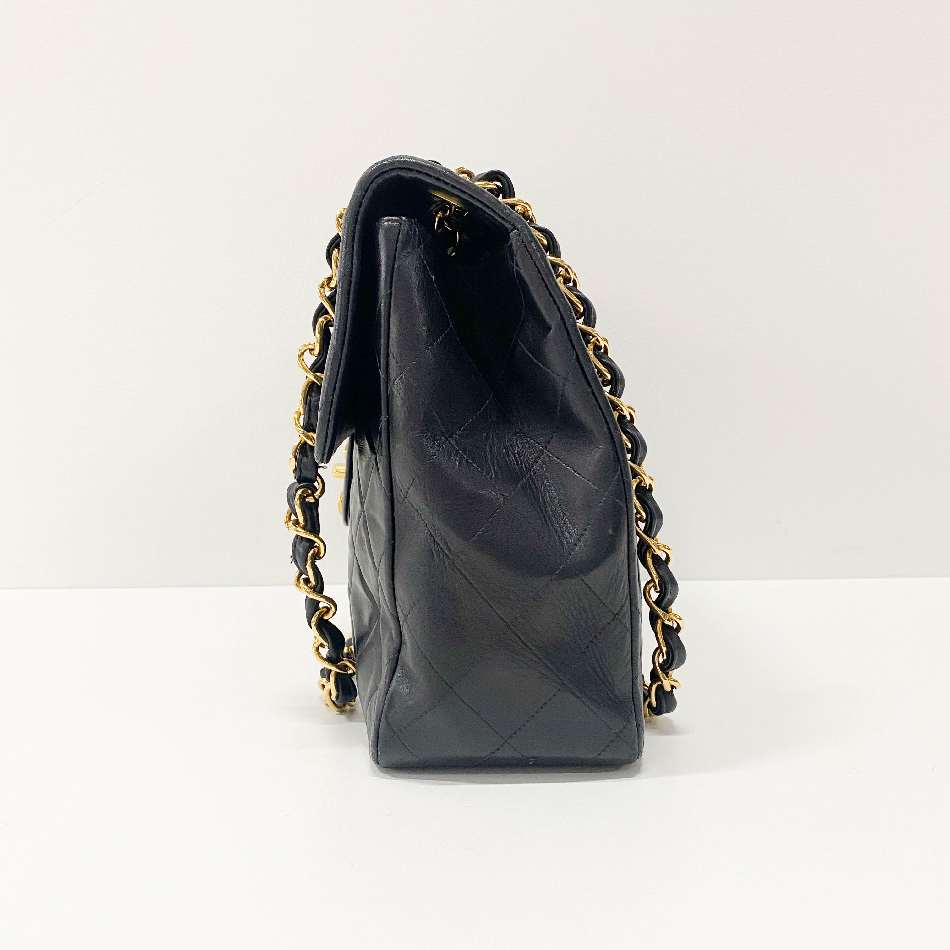 Large Timeless Classic Single Flap Matelassé Black Leather Chain Bag