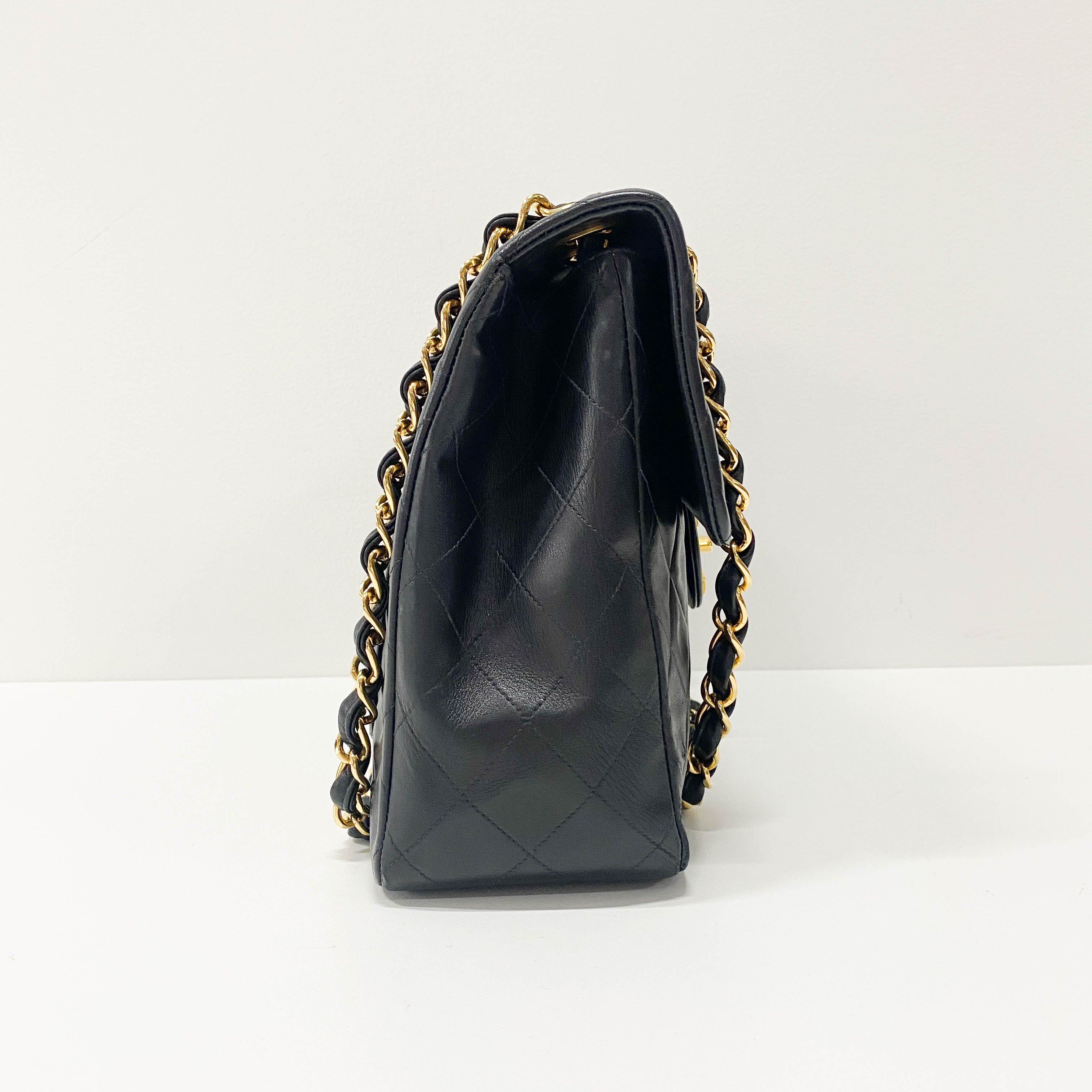 Large Timeless Classic Single Flap Matelassé Black Leather Chain Bag