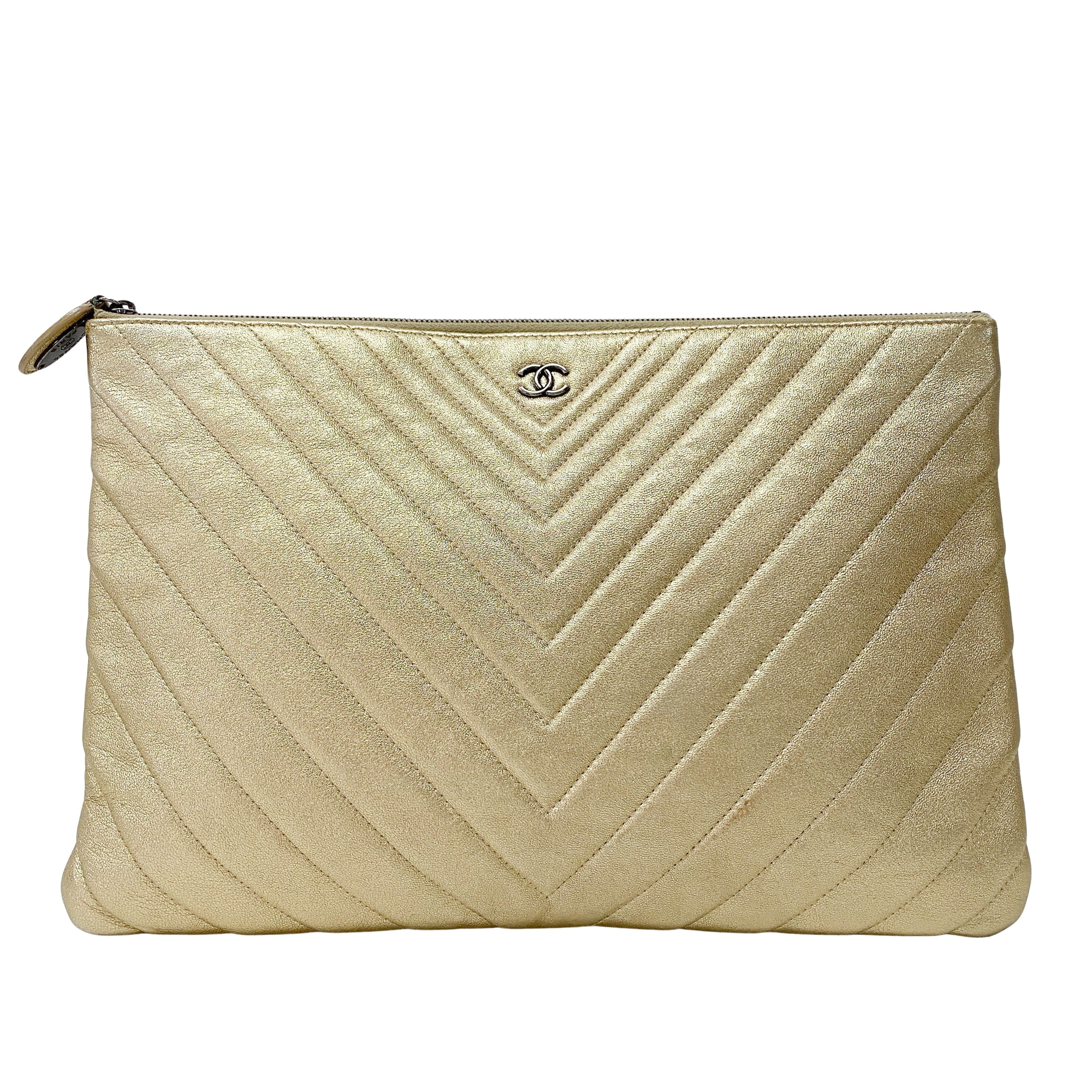 Gold Chevron V Stitch Leather Clutch Bag