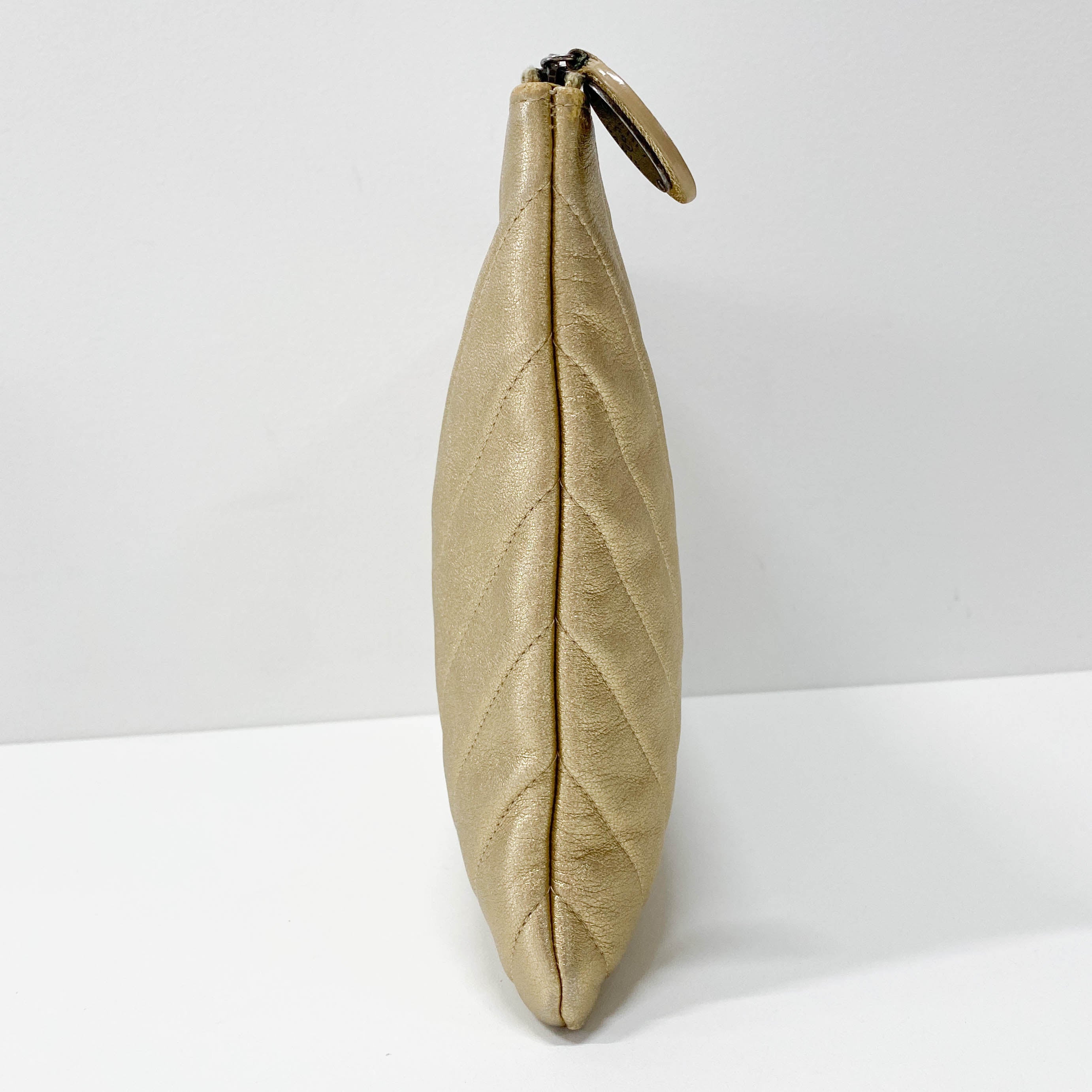 Gold Chevron V Stitch Leather Clutch Bag