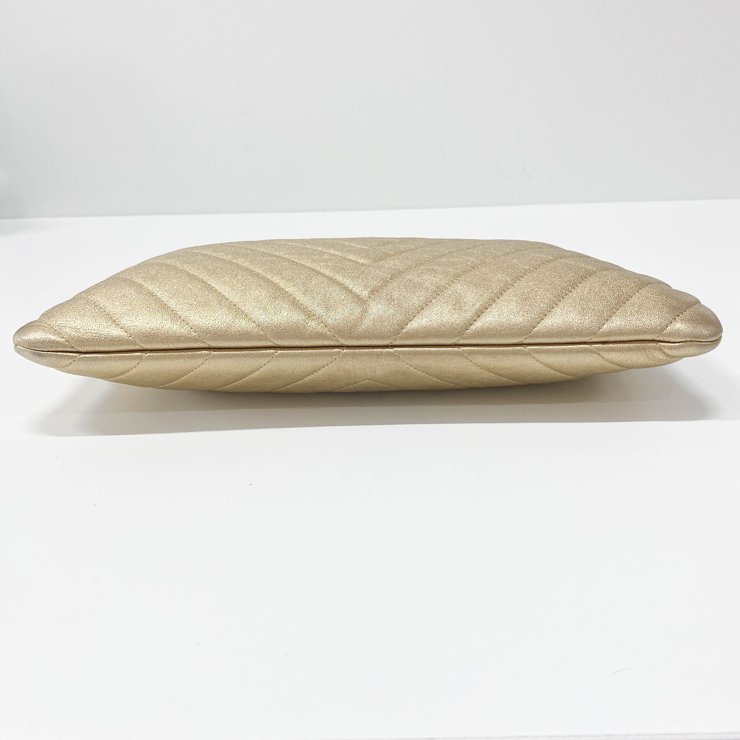 Gold Chevron V Stitch Leather Clutch Bag