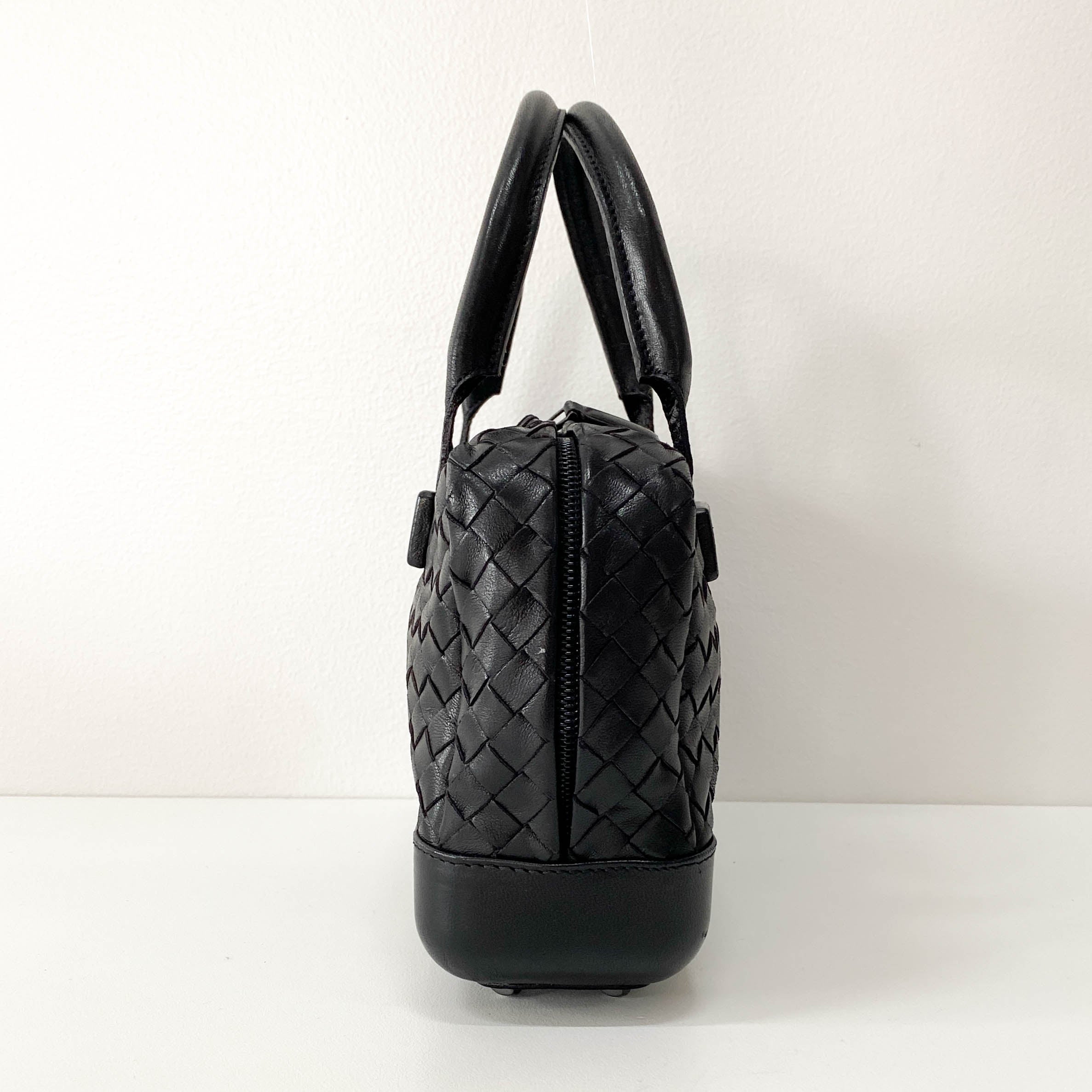 Intrecciato Black Leather Mini Bowling Bag