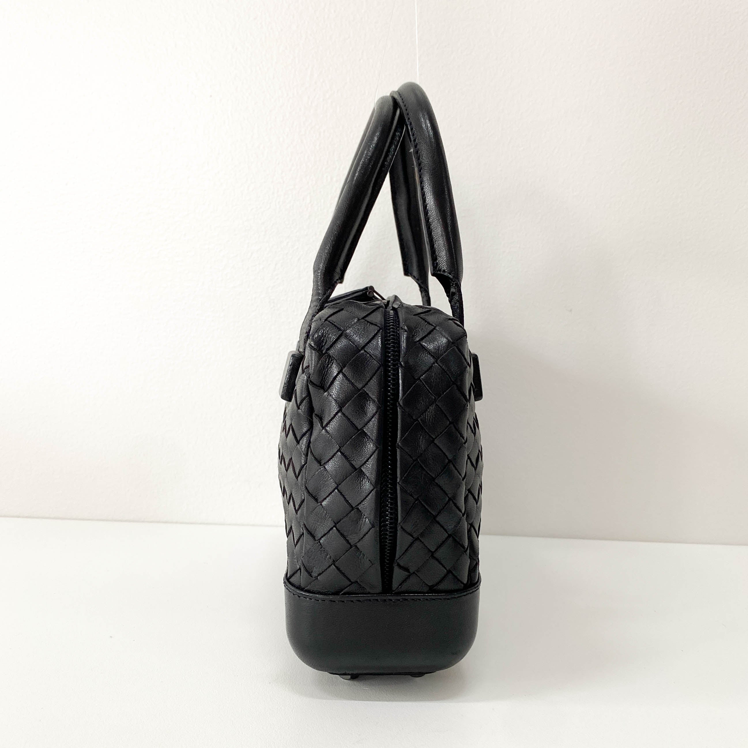 Intrecciato Black Leather Mini Bowling Bag