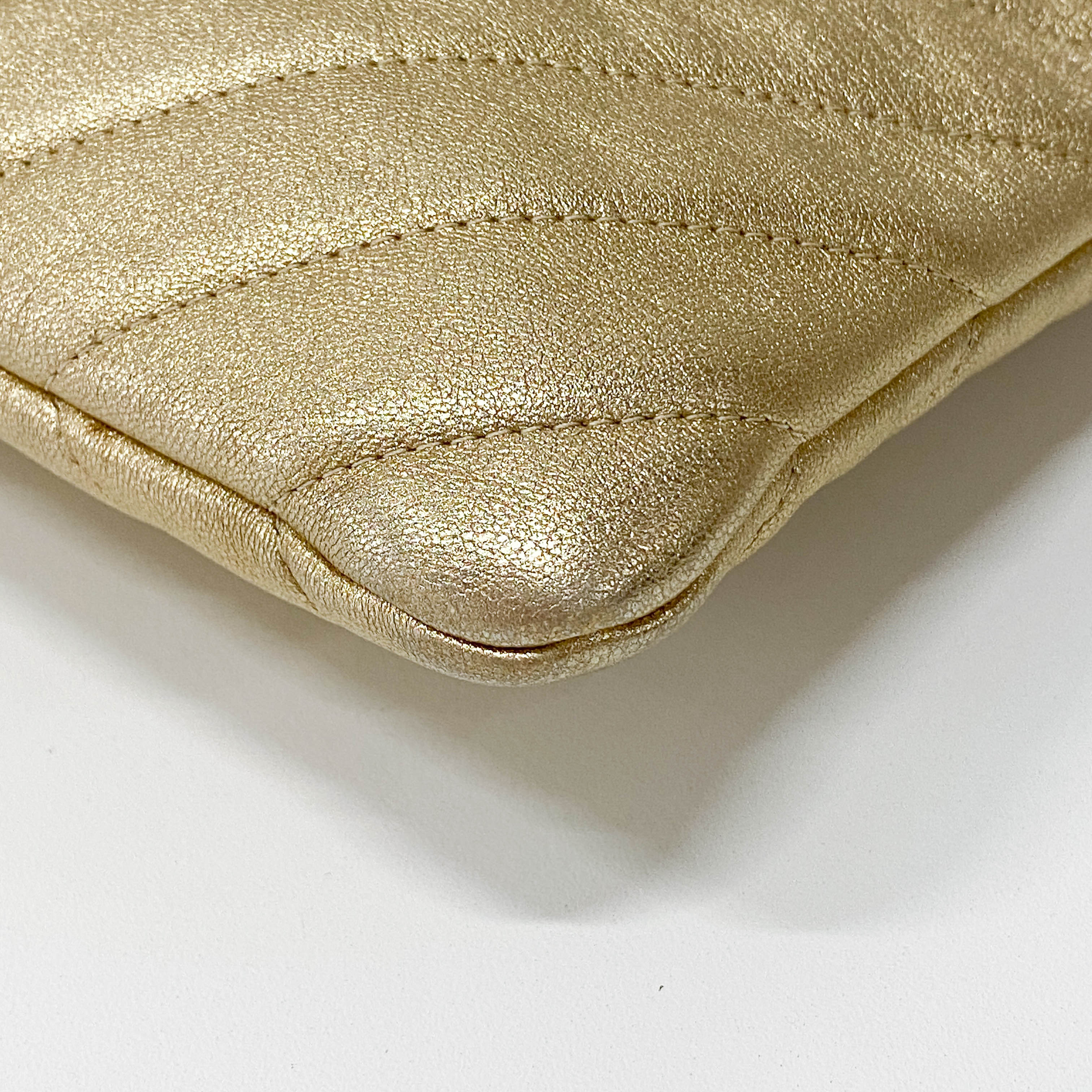 Gold Chevron V Stitch Leather Clutch Bag
