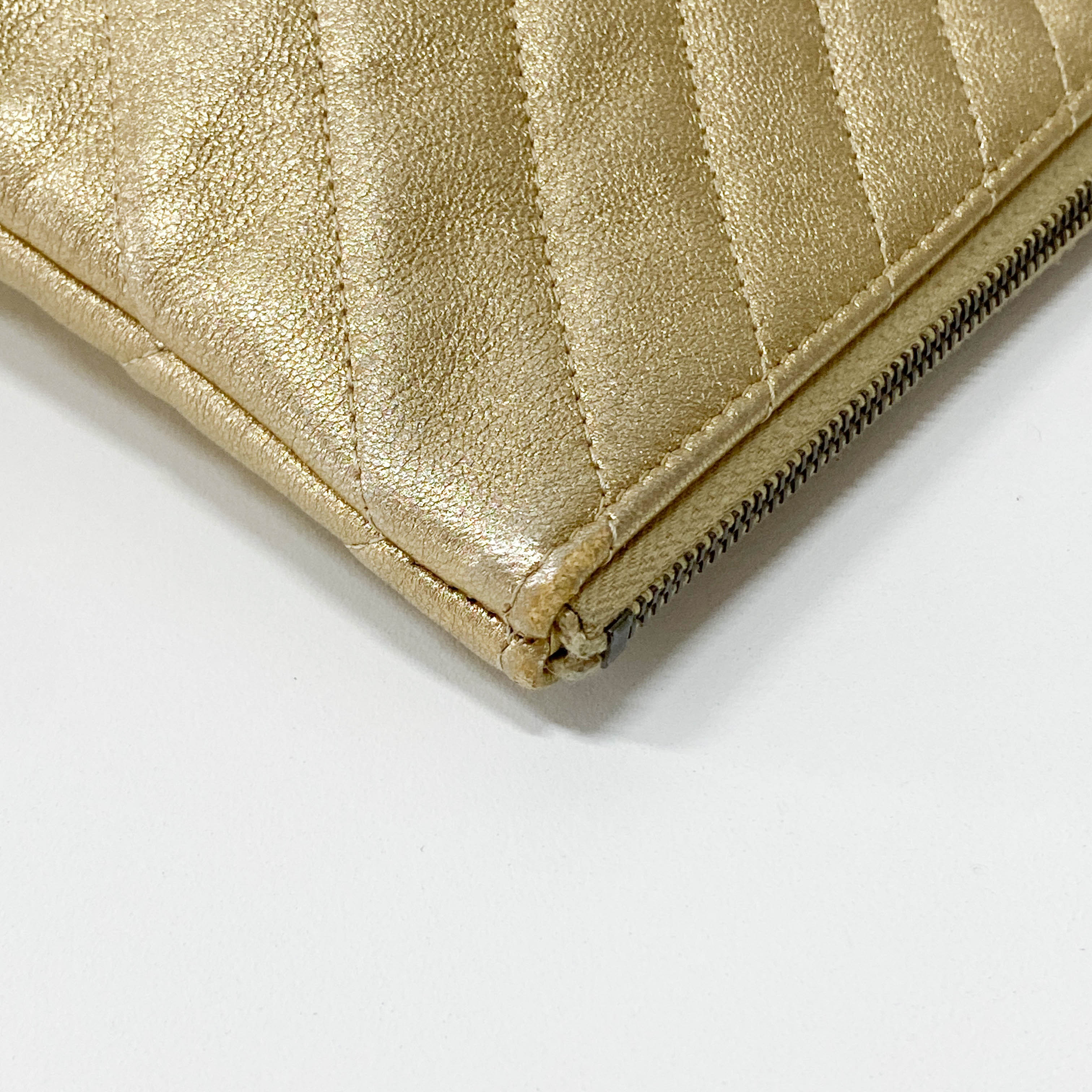 Gold Chevron V Stitch Leather Clutch Bag